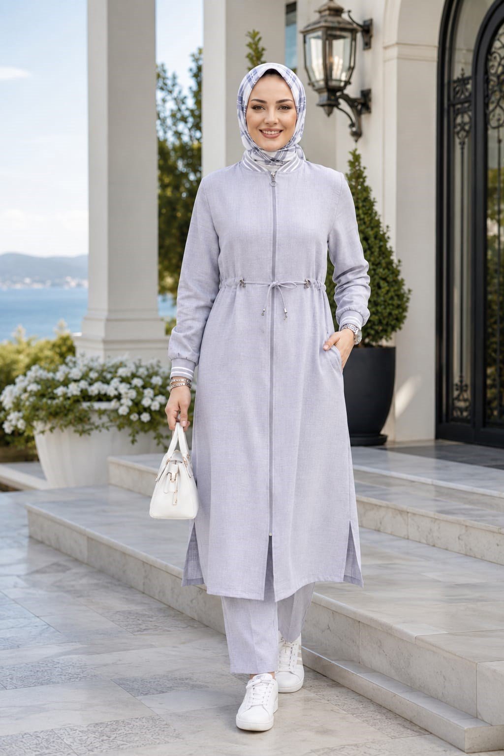 Kadın Ribanalı Fermuarlı Keten Tunik Pantolon Gri İkili Takım