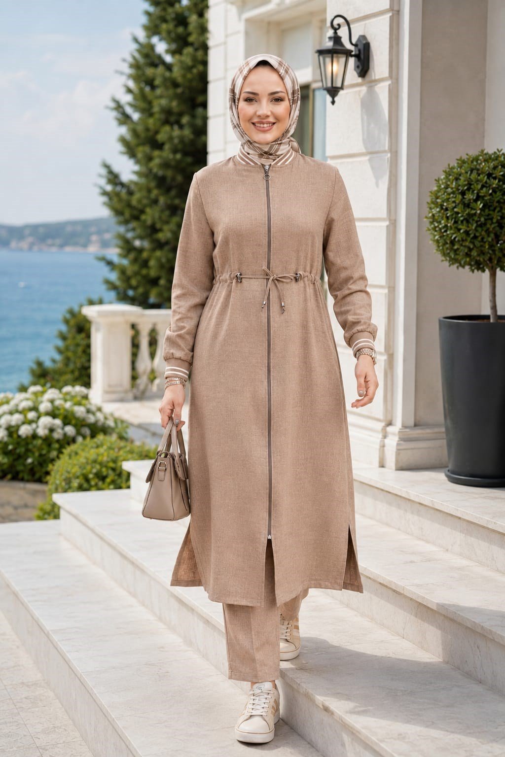 Kadın Ribanalı Fermuarlı Keten Tunik Pantolon Bej İkili Takım
