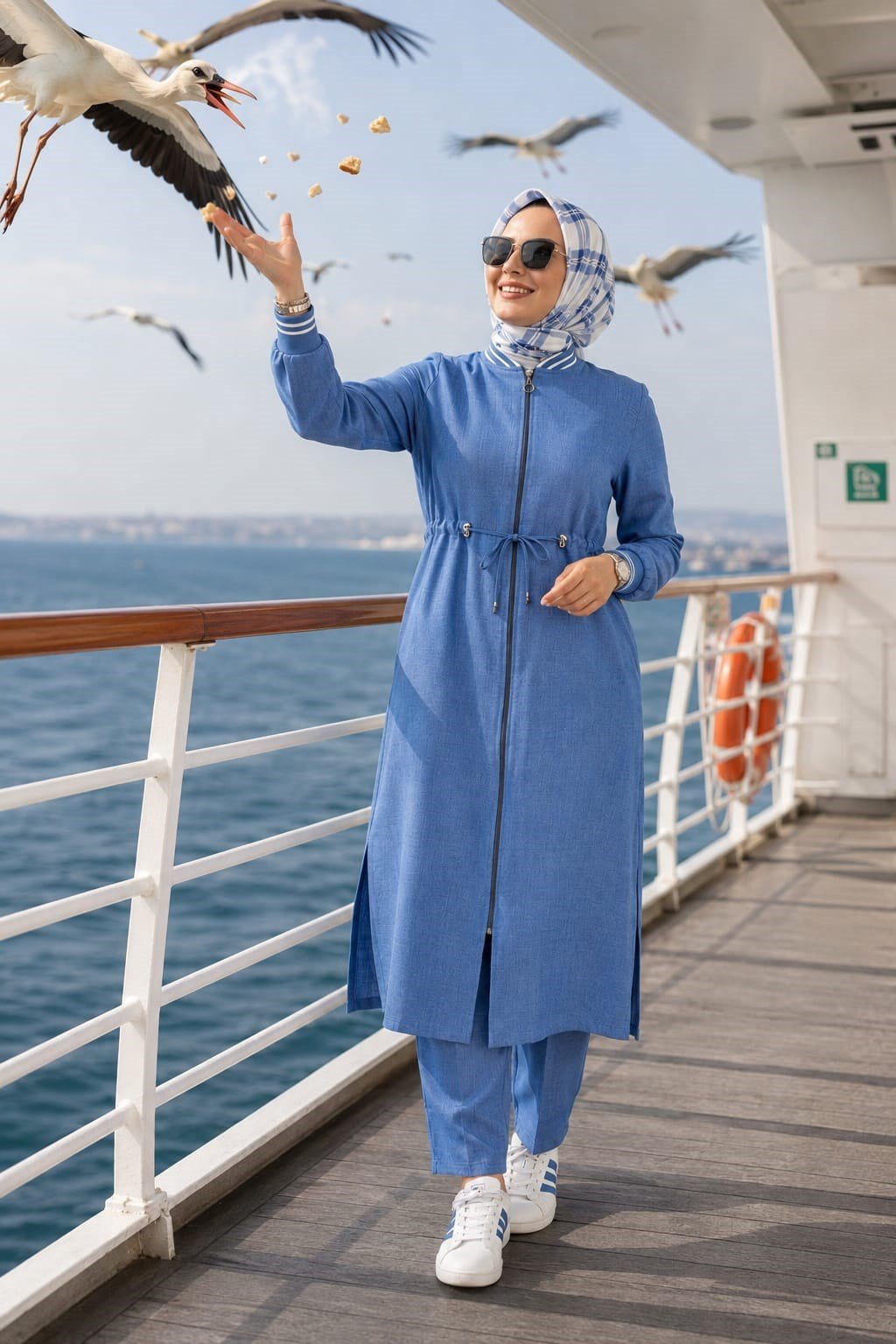 Kadın Ribanalı Fermuarlı Keten Tunik Pantolon Mavi İkili Takım