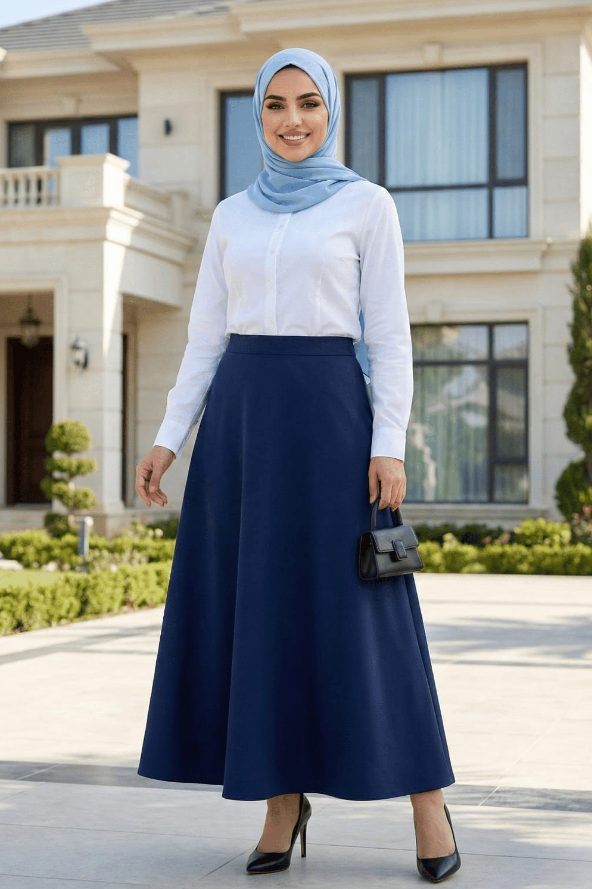 Kadın Scuba Kumaş Lacivert Kloş Etek 