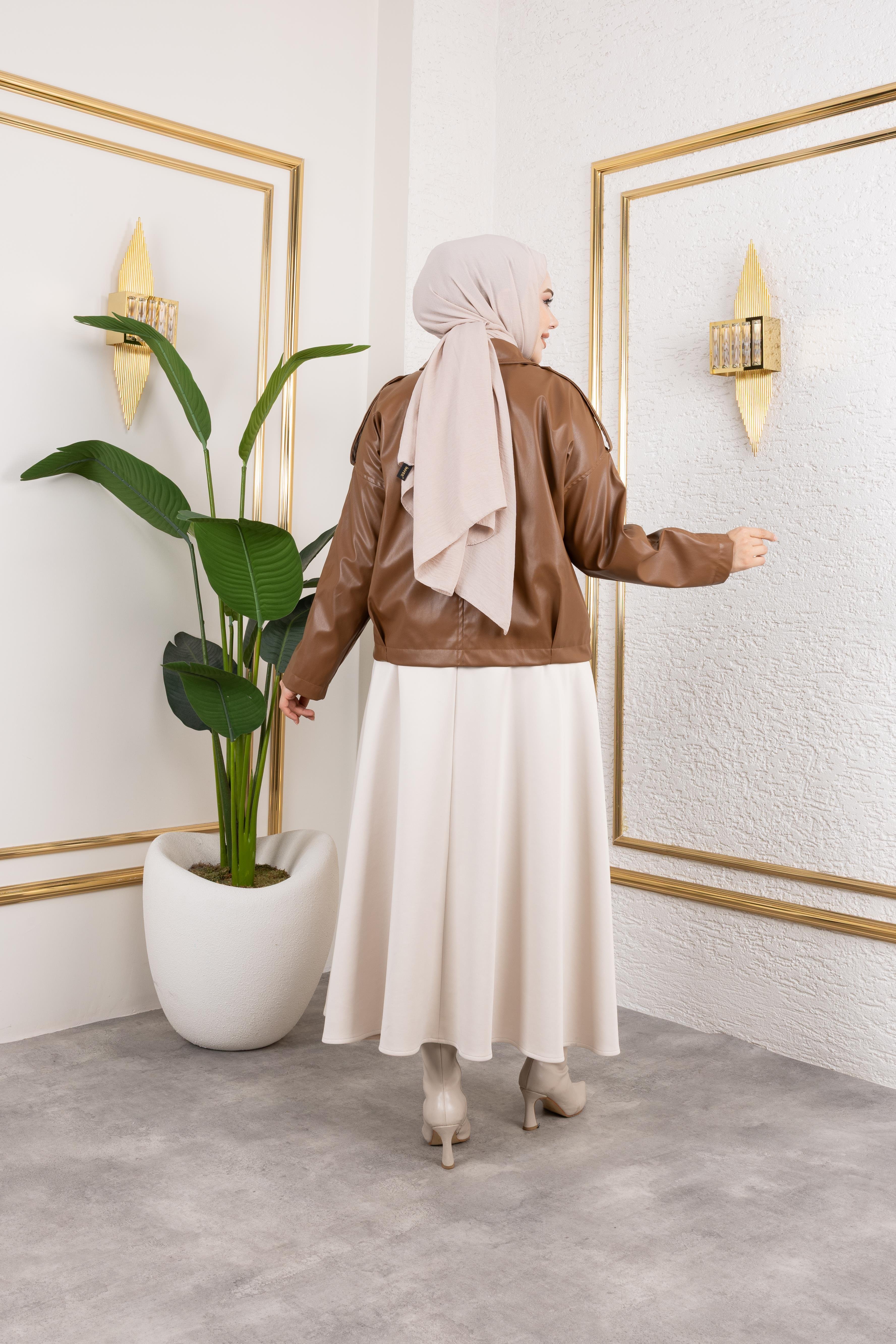 Kadın Taba Deri Astarlı Fermuarlı Ceket