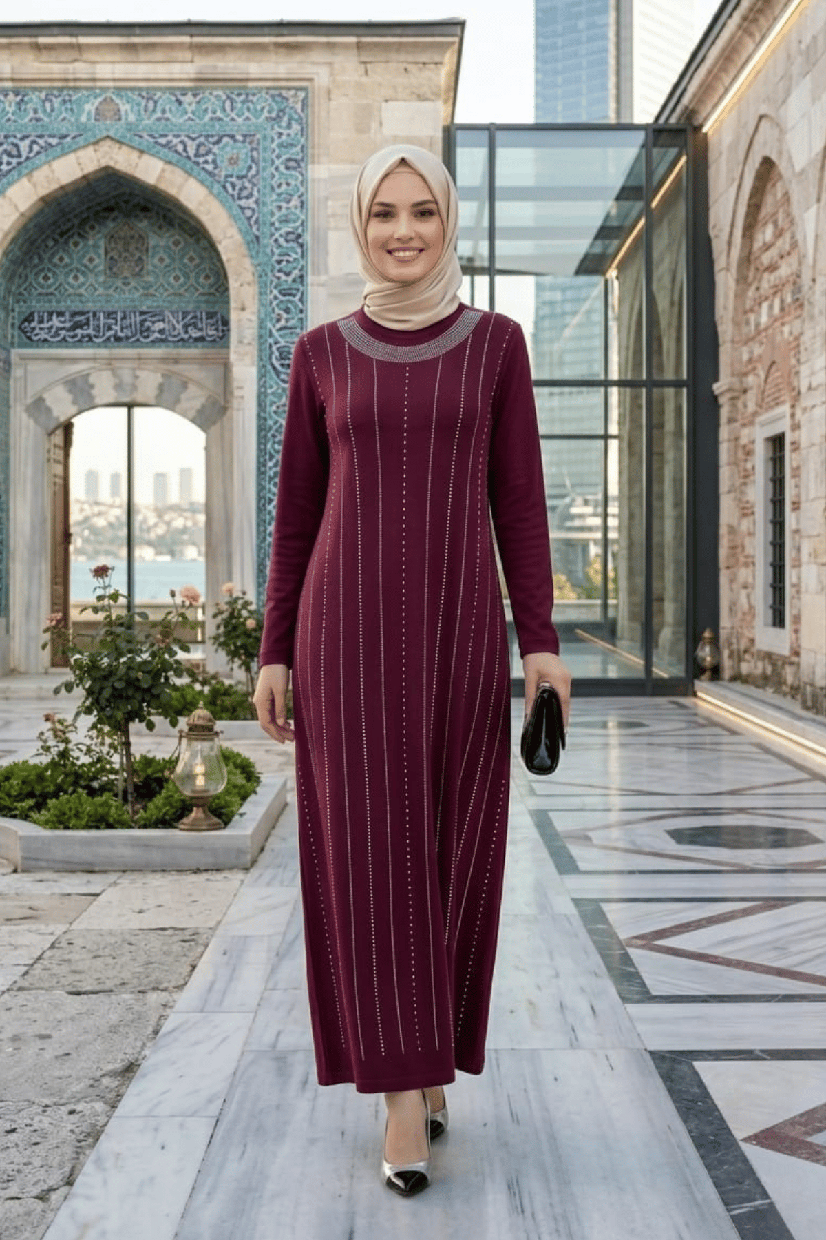 Kadın Taş İşlemeli Kristal Kumaş  Uzun Tesettür Bordo Elbise