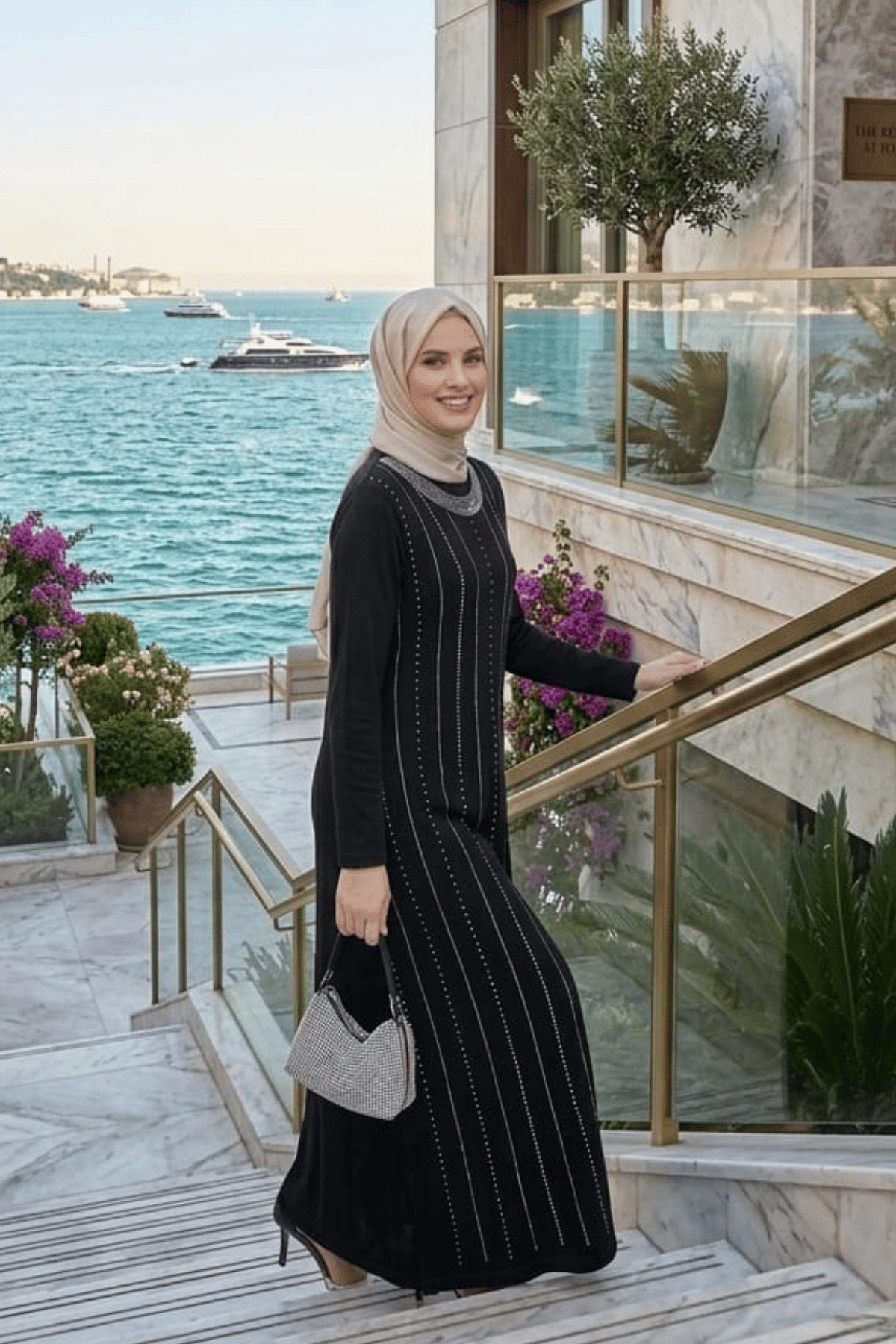Kadın Taş İşlemeli Kristal Kumaş  Uzun Tesettür Siyah Elbise