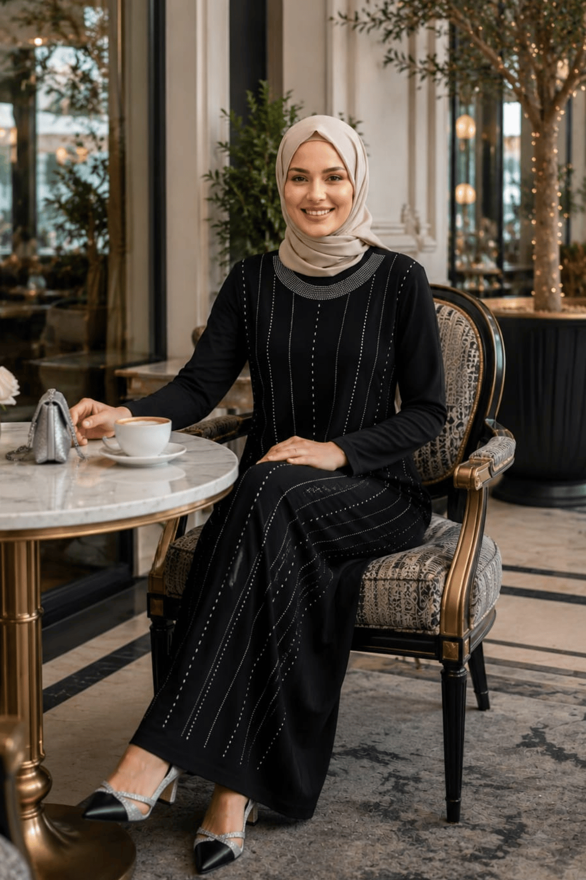 Kadın Taş İşlemeli Kristal Kumaş  Uzun Tesettür Siyah Elbise