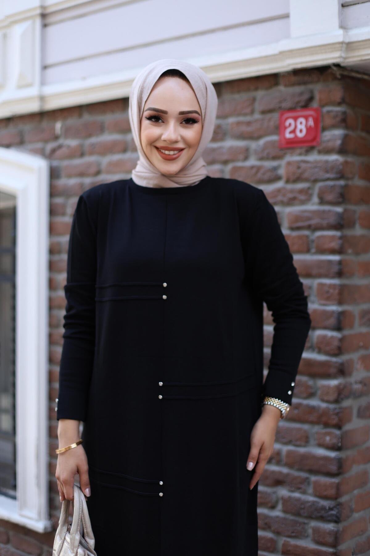 KADIN TAŞ İŞLEMELİ TRİKO TESETTÜR ELBİSE