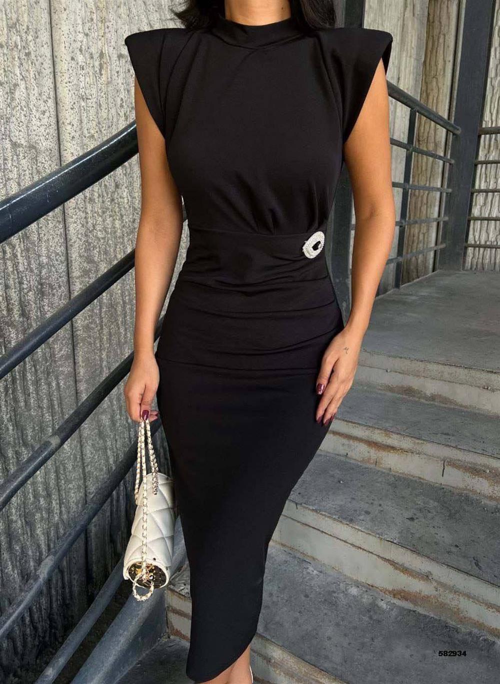 Broşlu Dik Yaka Midi Boy Abiye Elbise 582934