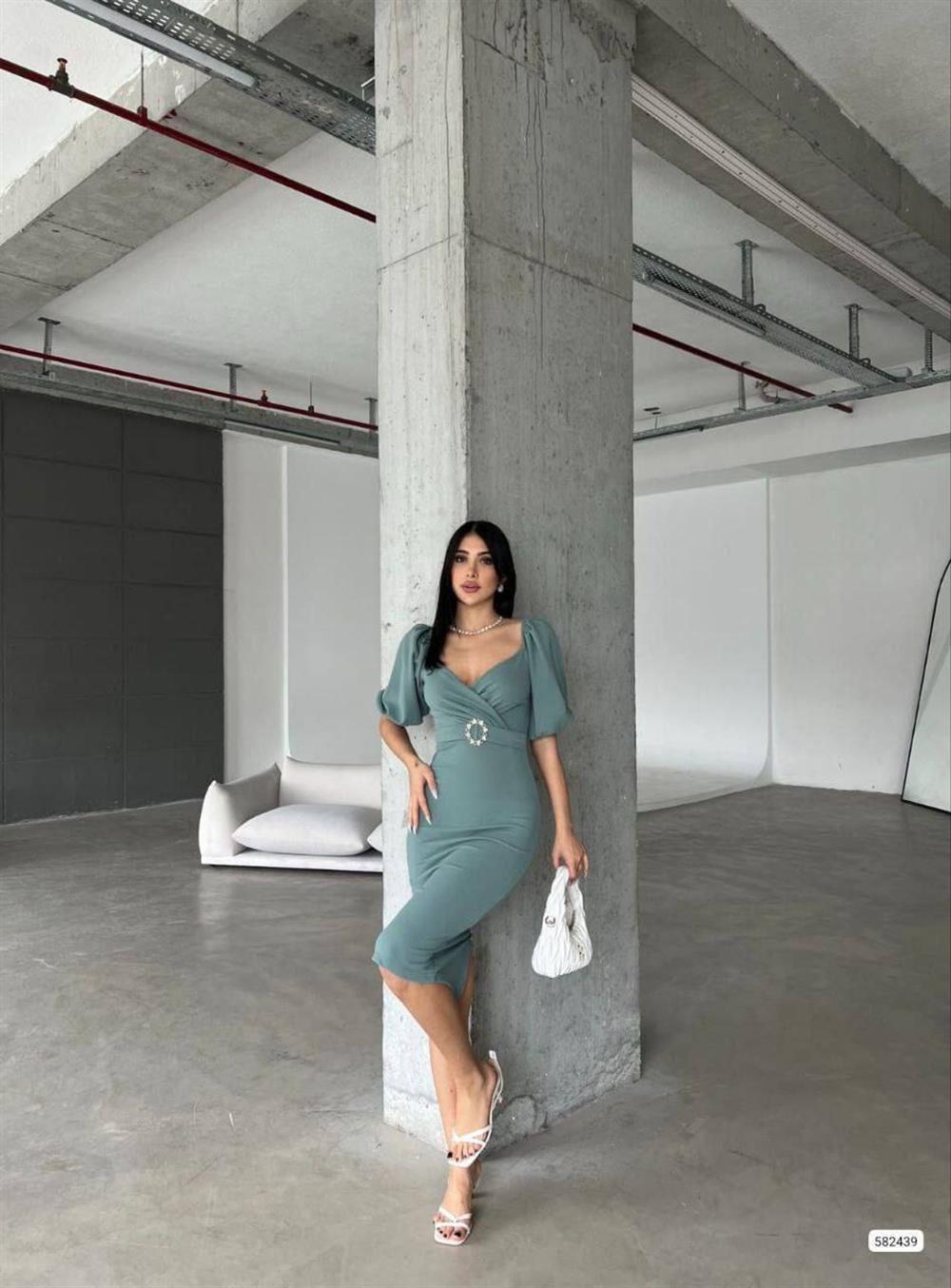 Kendinden Kemerli Krep Kumaş Kısa Kollu Elbise 582439 Koyu Mint