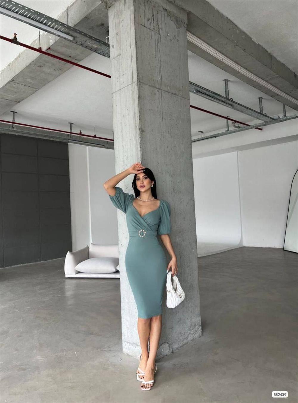 Kendinden Kemerli Krep Kumaş Kısa Kollu Elbise 582439 Koyu Mint
