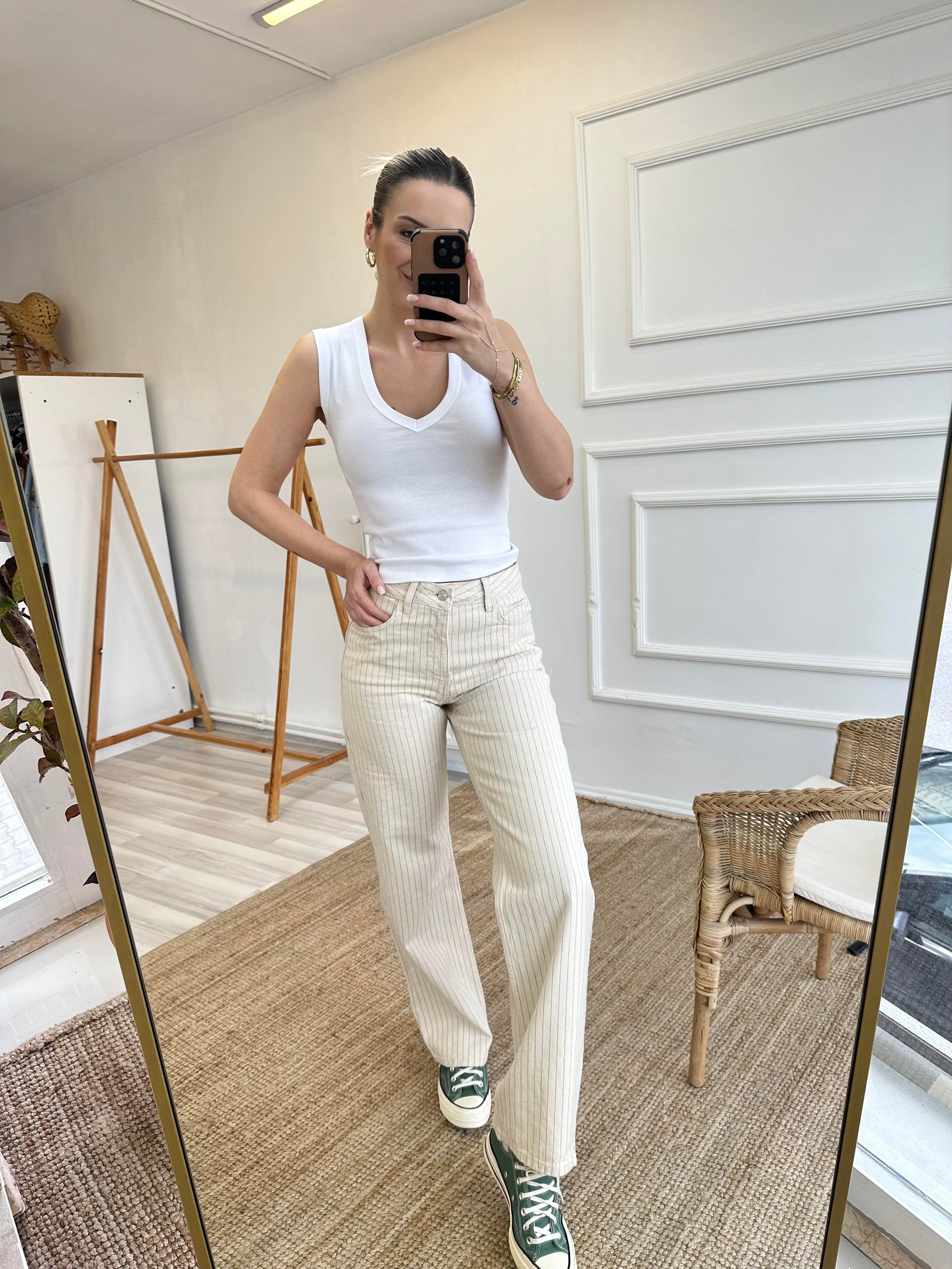 Bej Çizgili Denim Pantolon