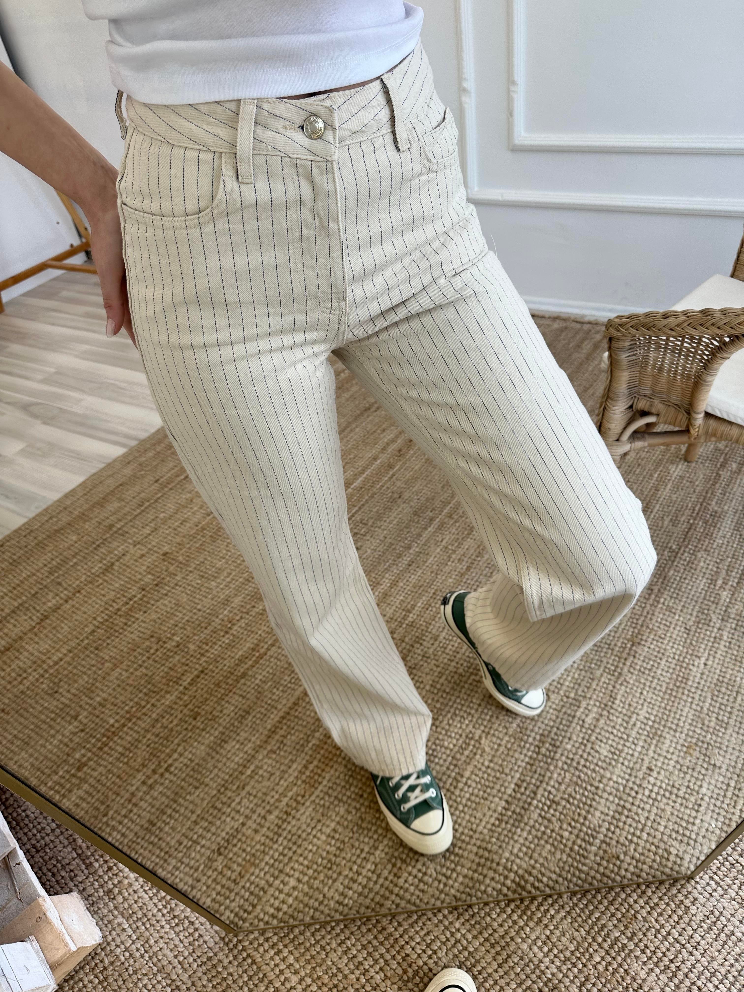Bej Çizgili Denim Pantolon