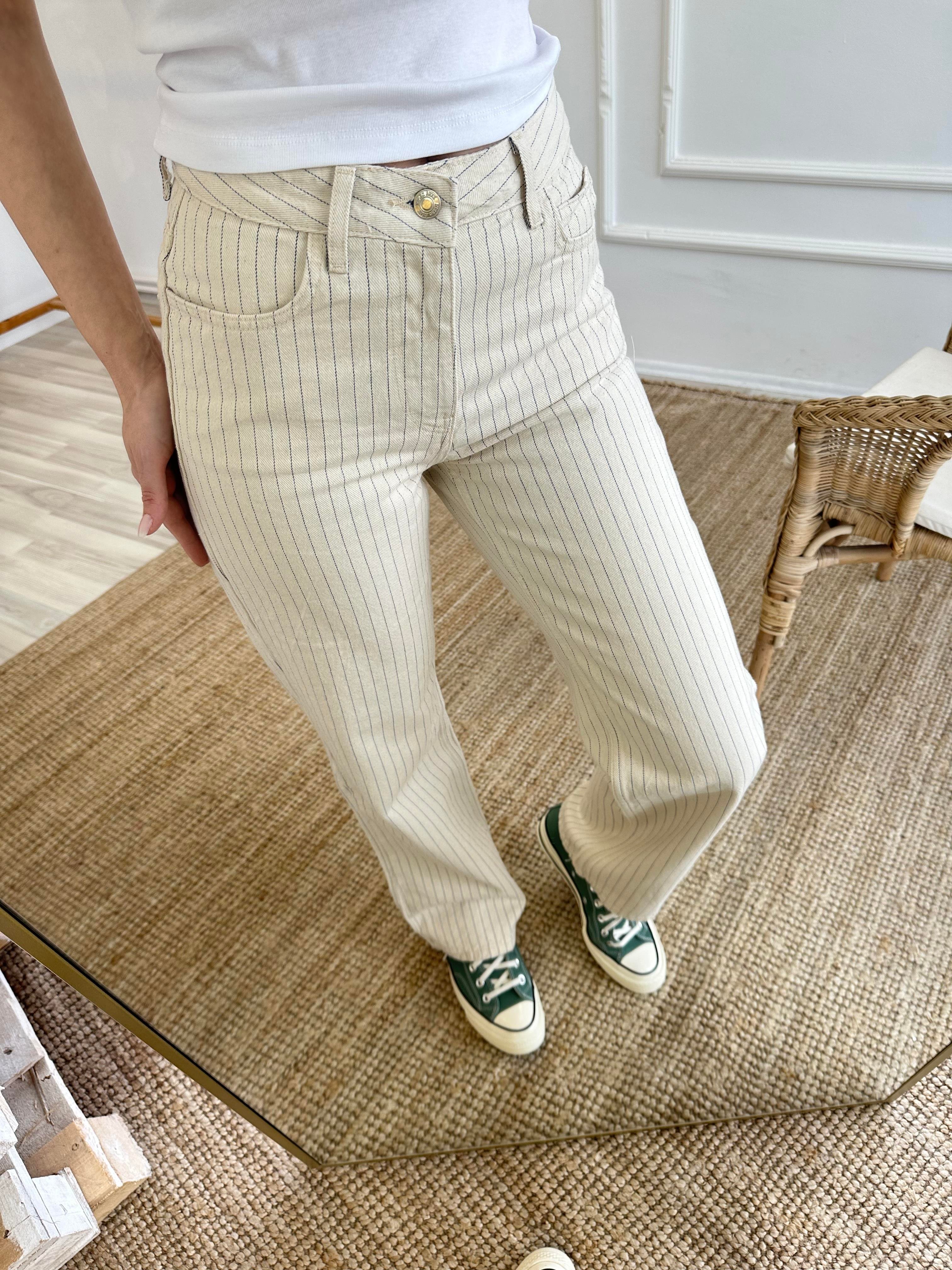 Bej Çizgili Denim Pantolon