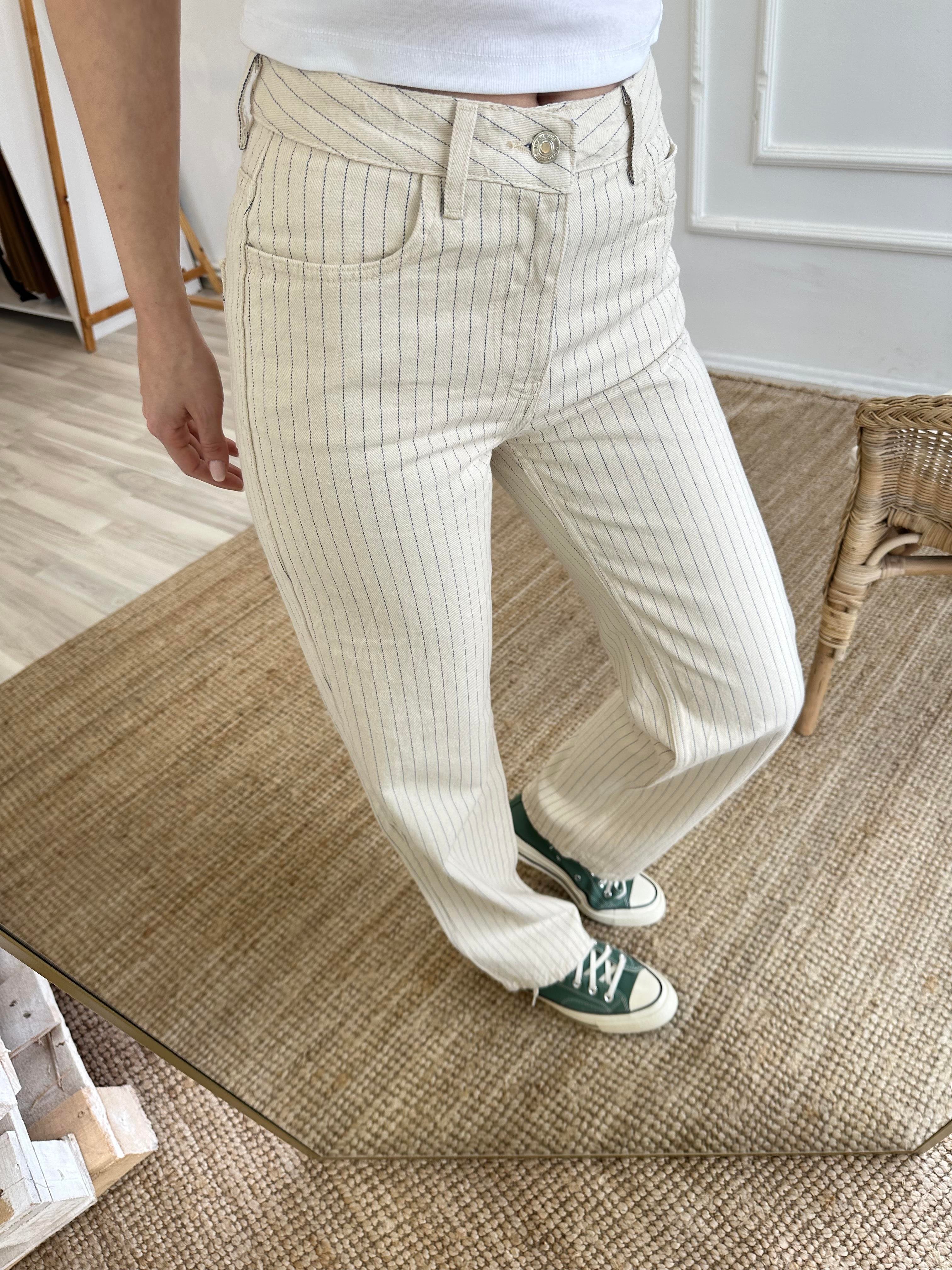 Bej Çizgili Denim Pantolon