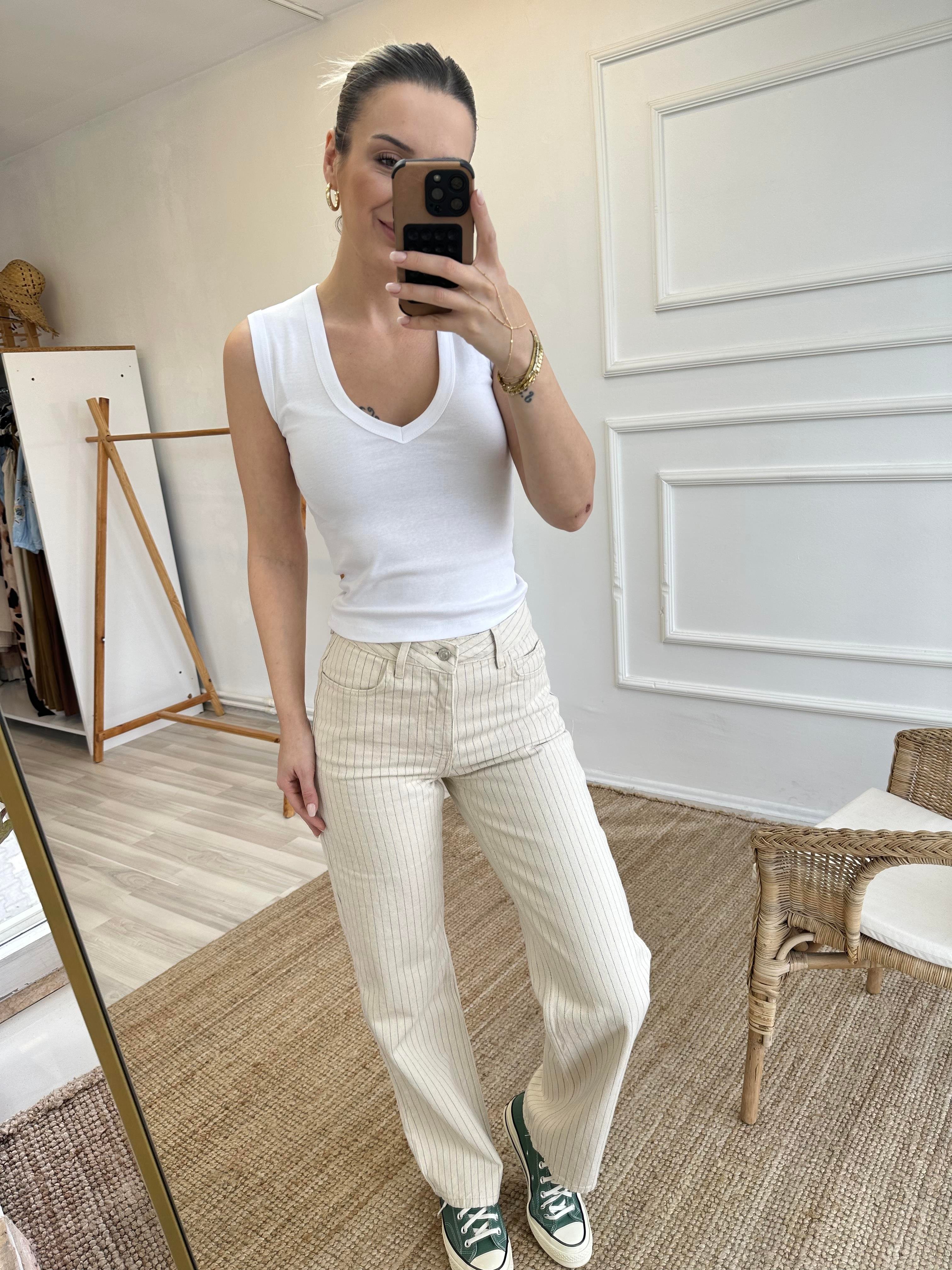 Bej Çizgili Denim Pantolon