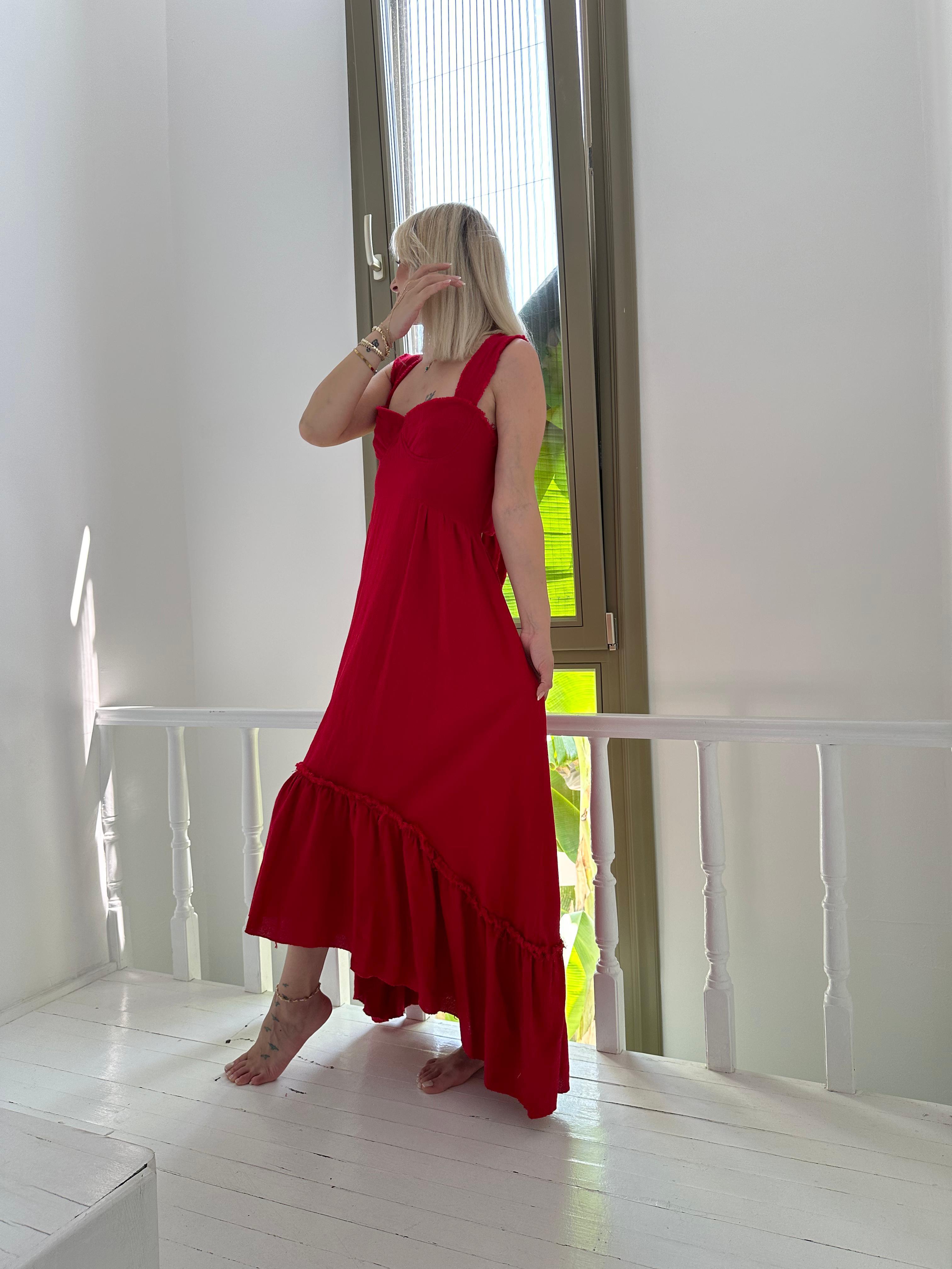 Blanca Ham Keten Helen Kırmızı Elbise
