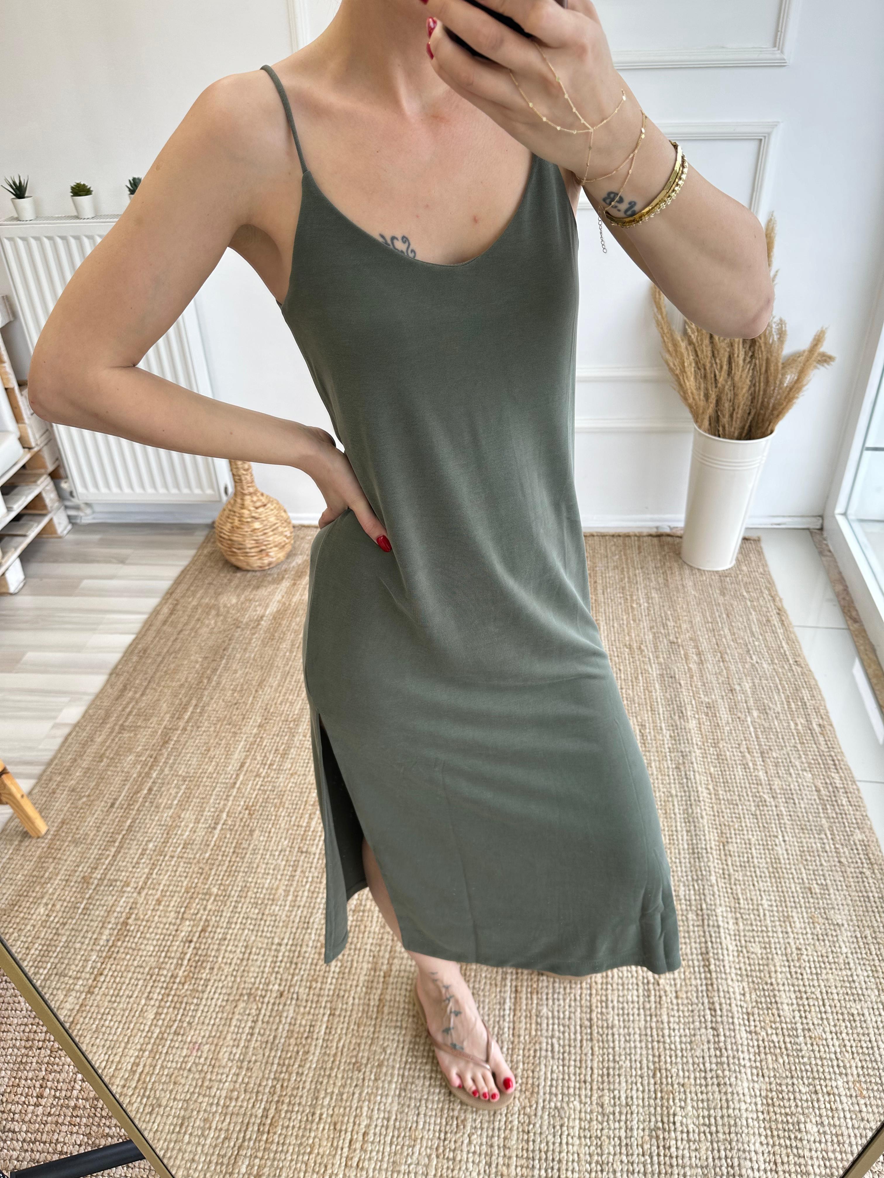 Haki Yeşil Modal Kumaş Basic Elbise