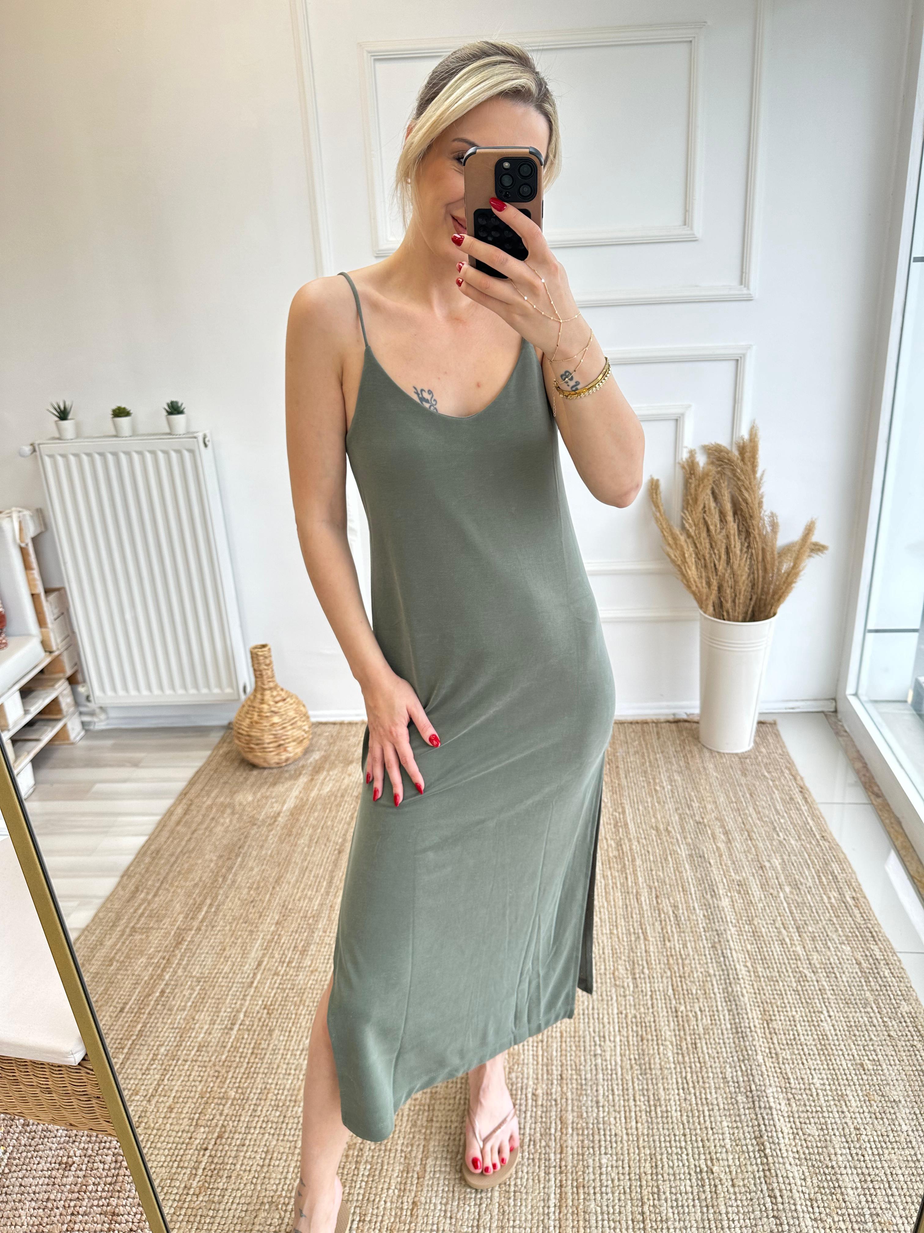Haki Yeşil Modal Kumaş Basic Elbise