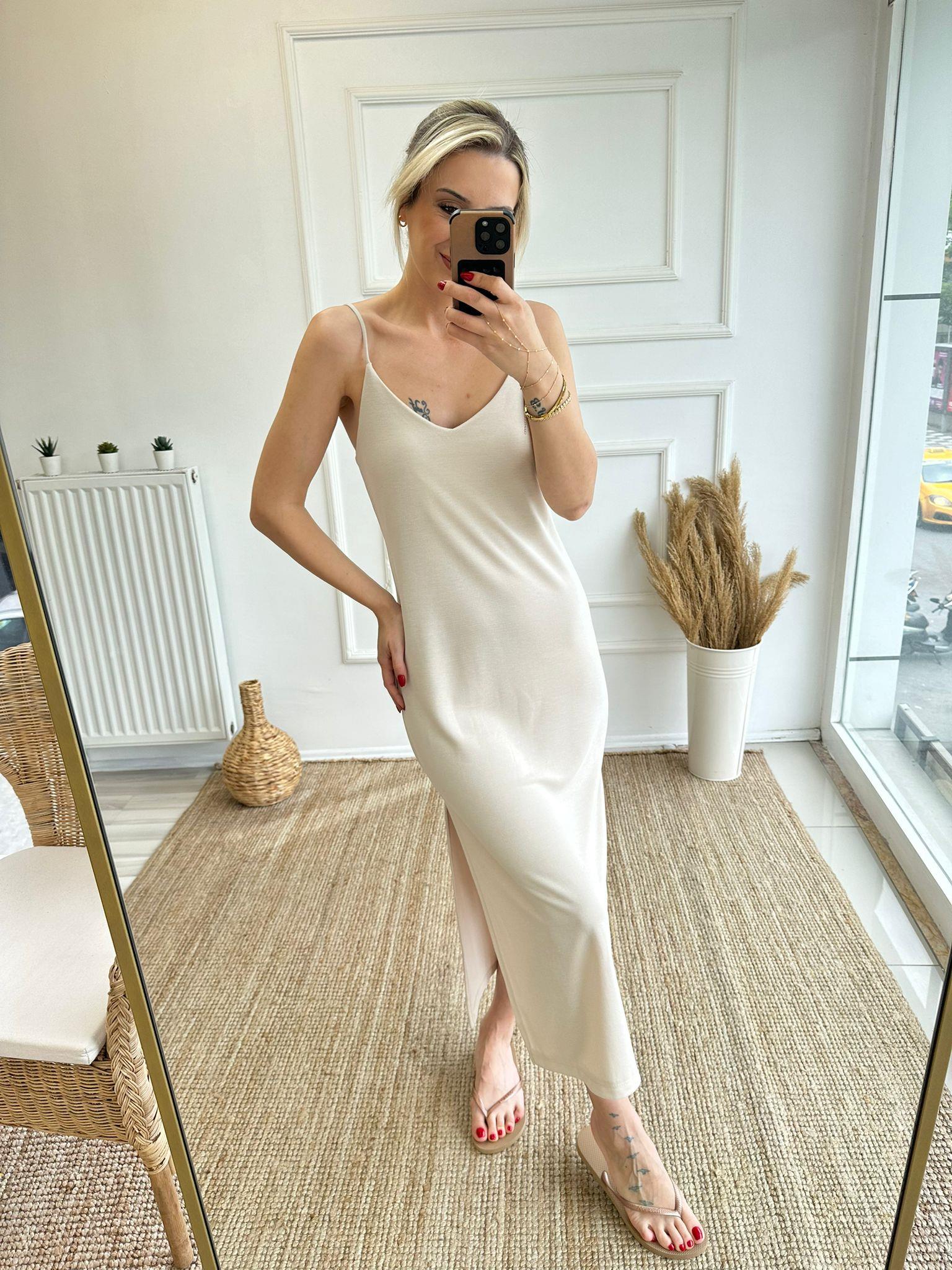 Krem Modal Kumaş Basic Elbise