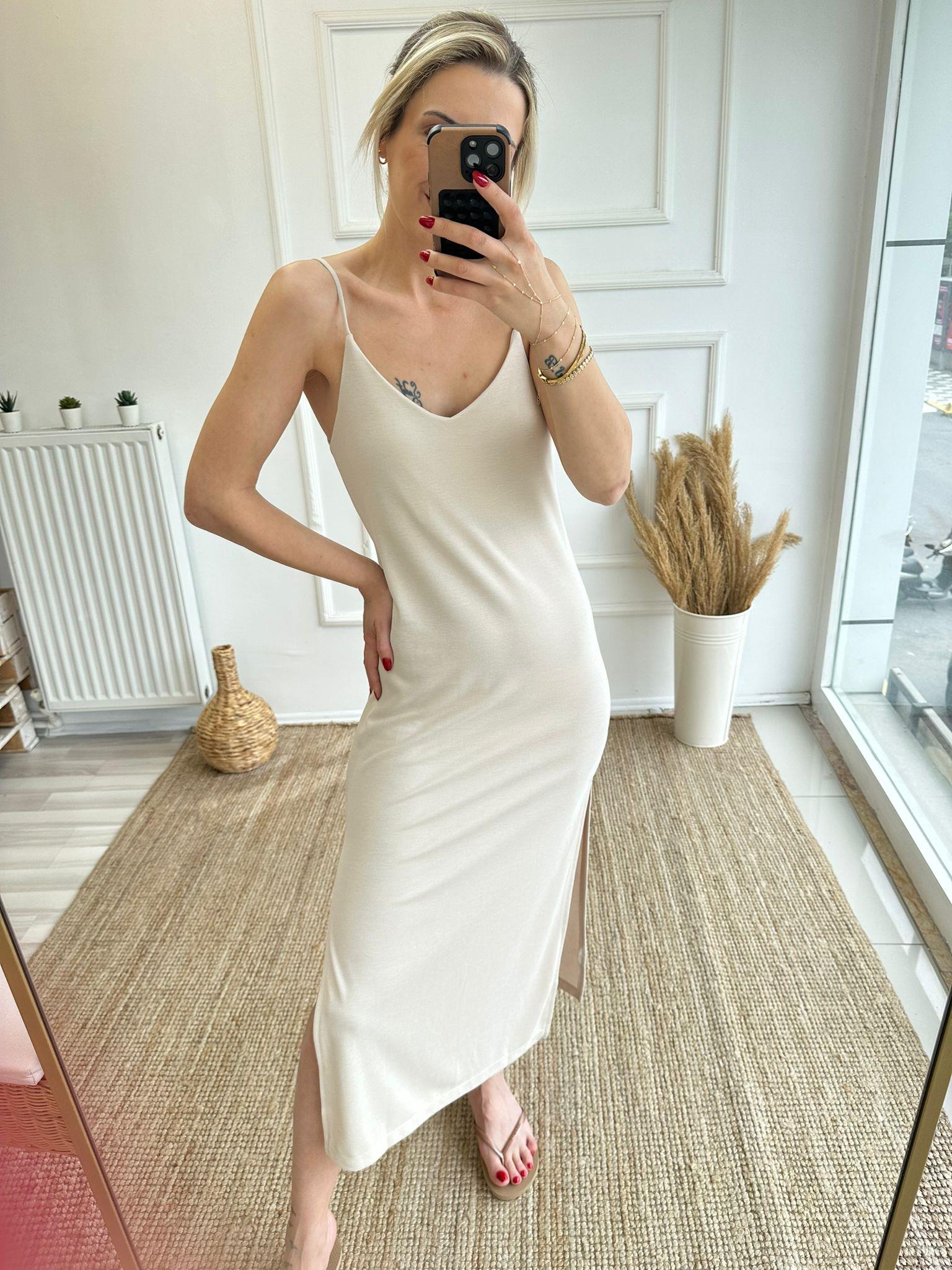 Krem Modal Kumaş Basic Elbise