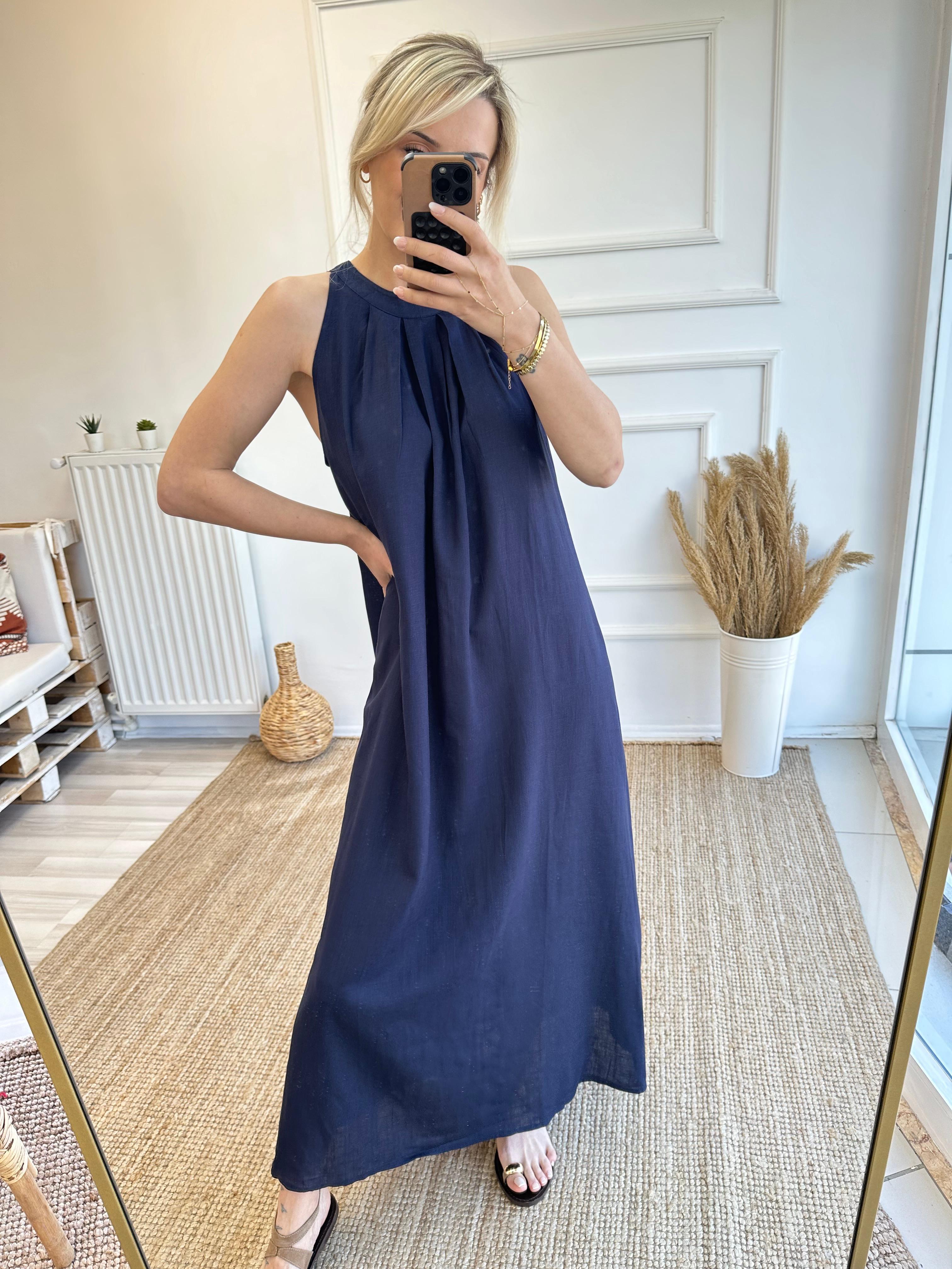 Lacivert Keten Oversize Elbise
