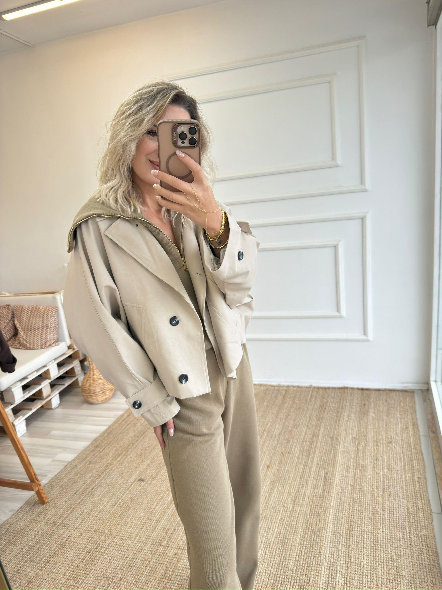 Oversize Trençkot Standart Beden Taş Rengi