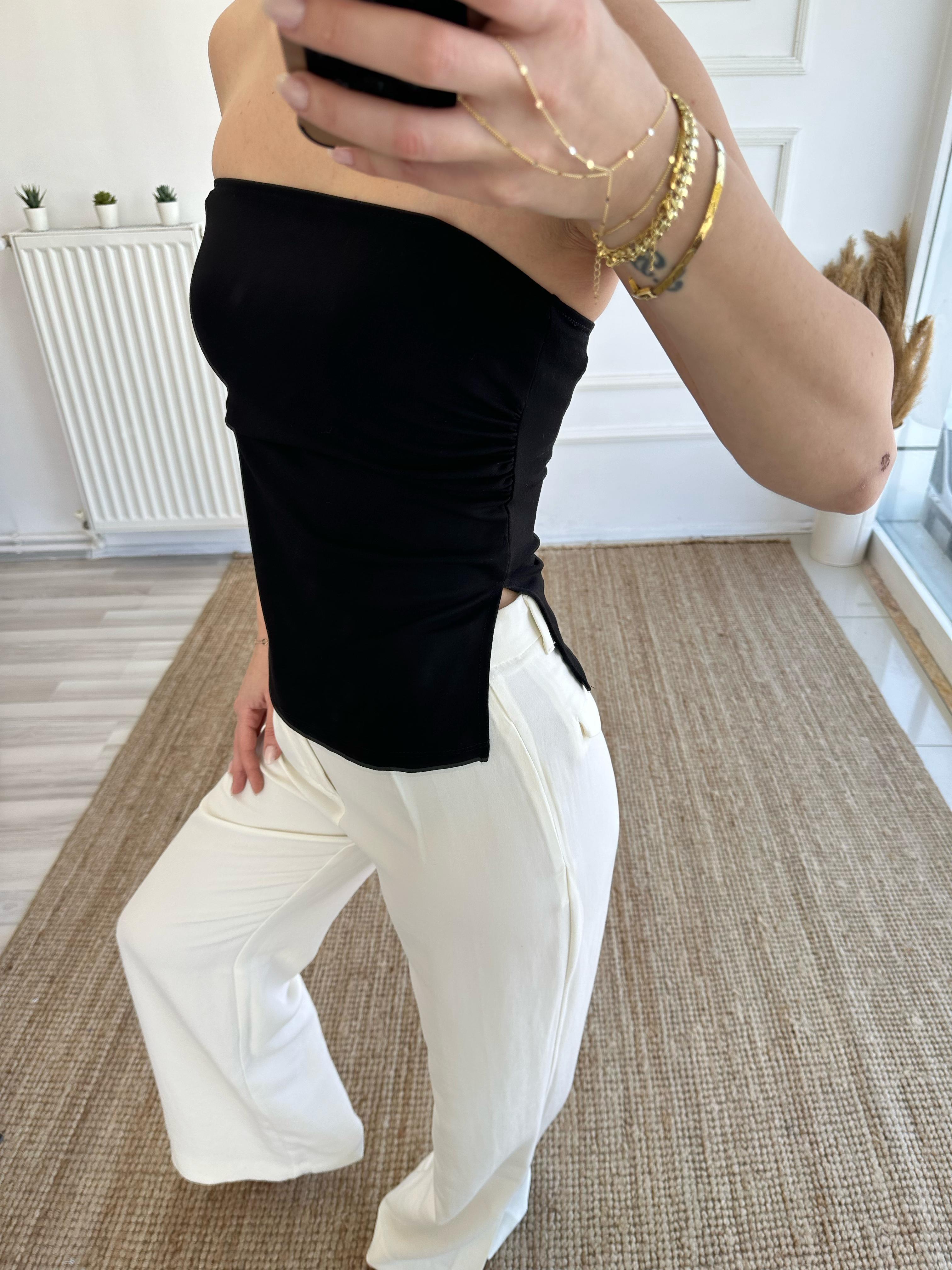 Straplez Top Yırtmaç Detaylı