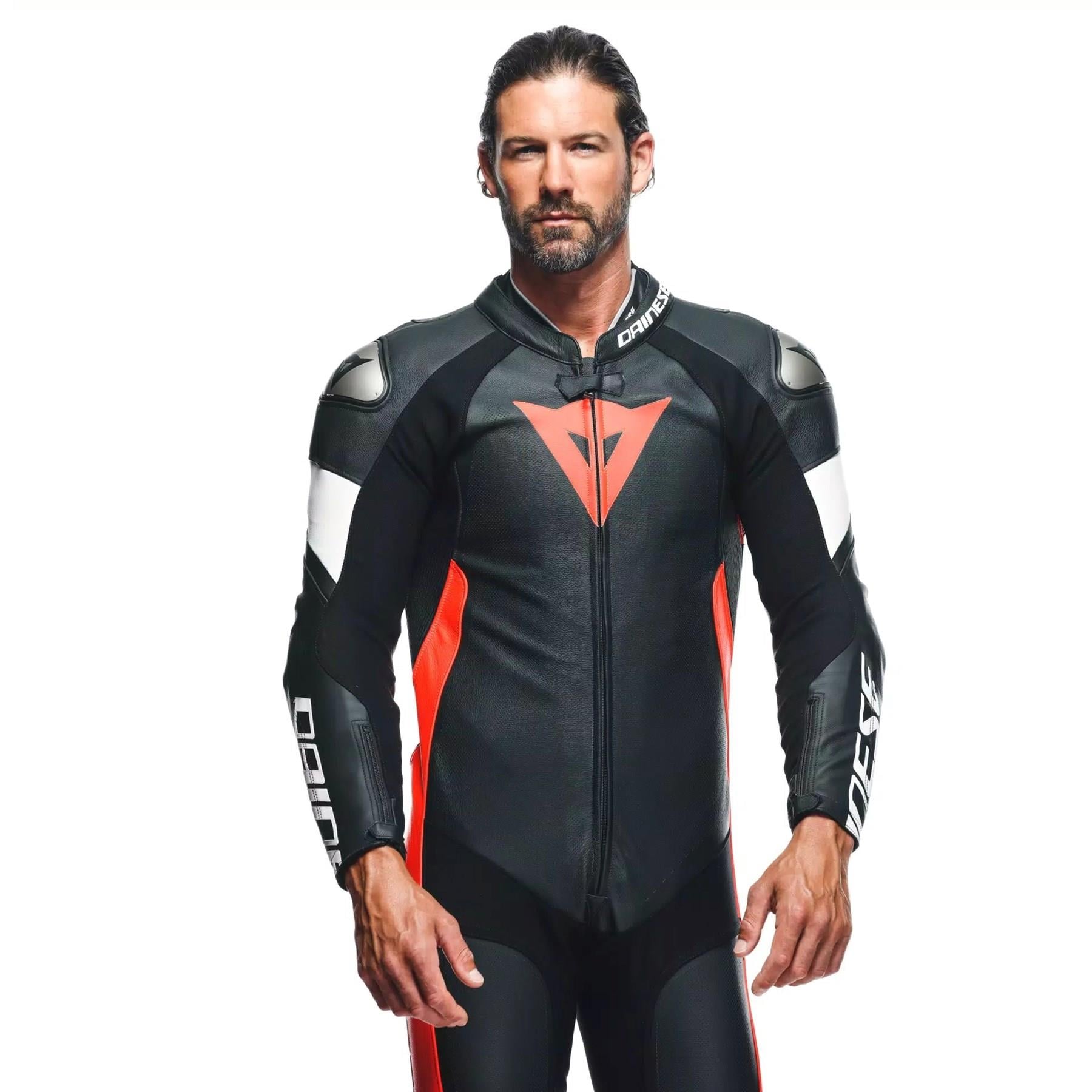 DAINESE/TOSA 1 PCS LEATHER SUIT PERF. BLACK FLU RED WHITE