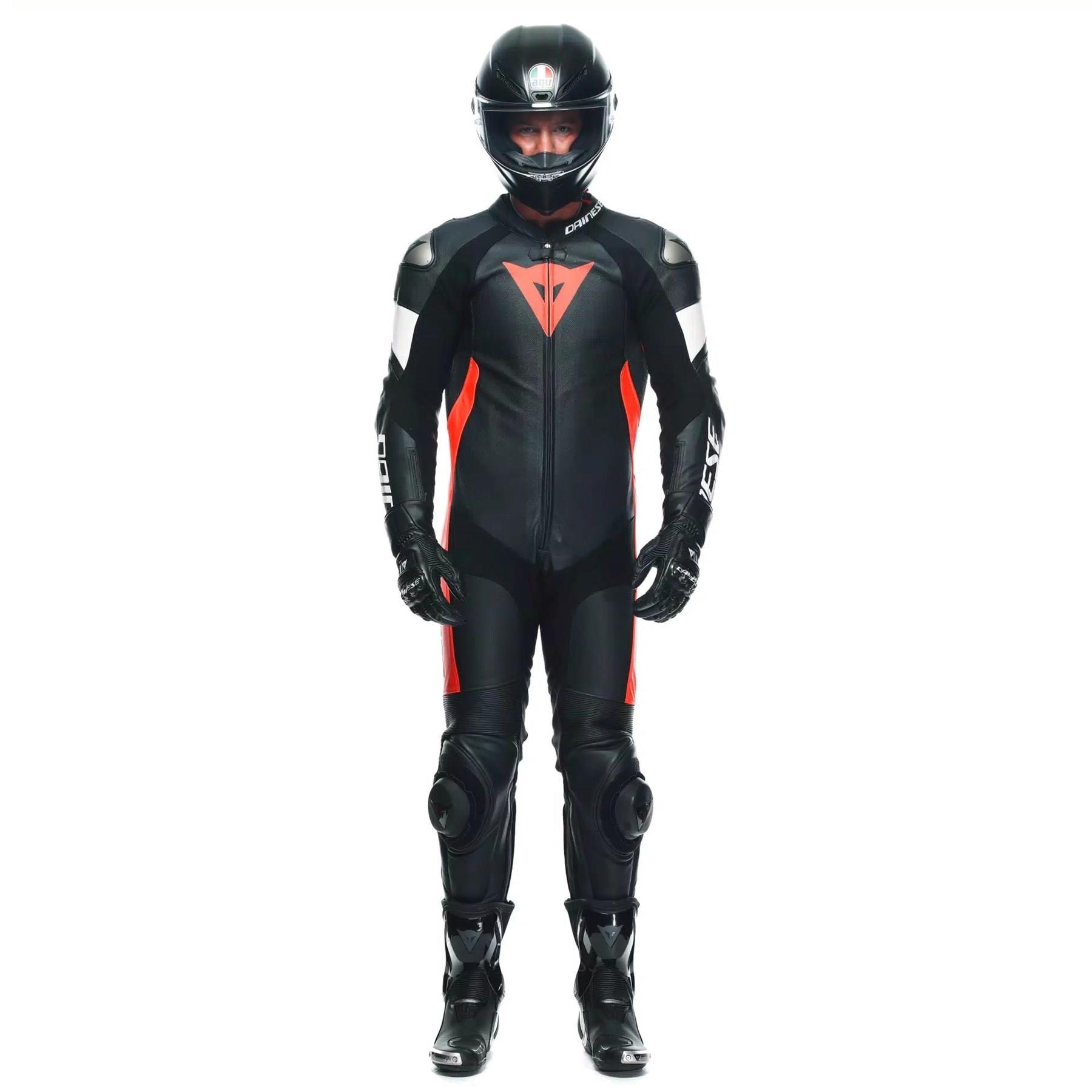 DAINESE/TOSA 1 PCS LEATHER SUIT PERF. BLACK FLU RED WHITE