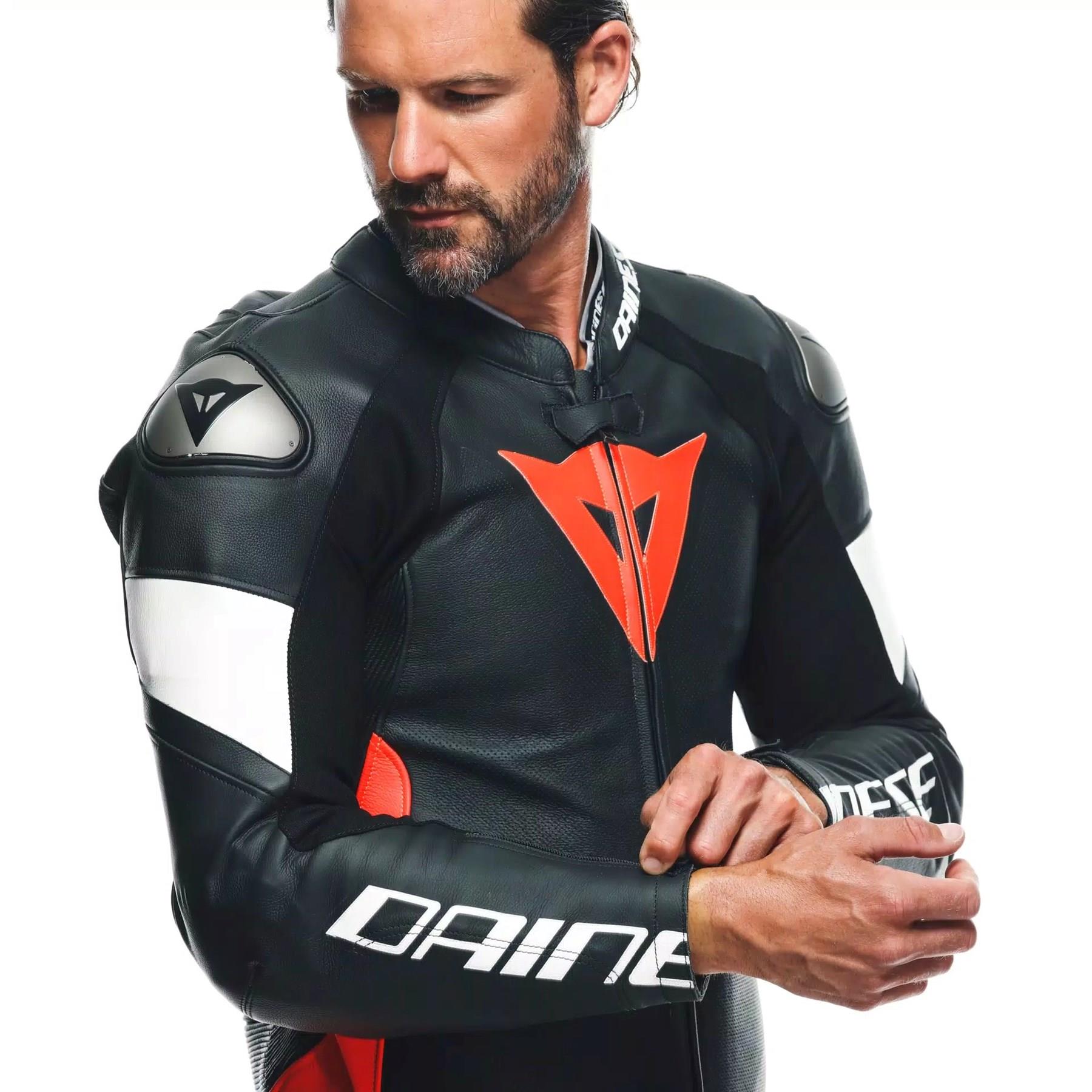 DAINESE/TOSA 1 PCS LEATHER SUIT PERF. BLACK FLU RED WHITE