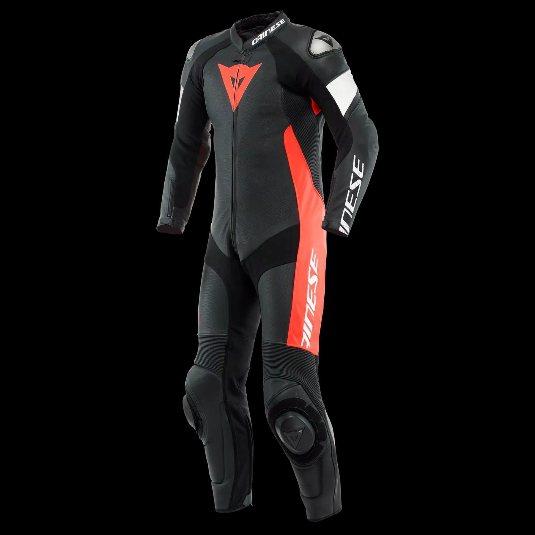 DAINESE/TOSA 1 PCS LEATHER SUIT PERF. BLACK FLU RED WHITE