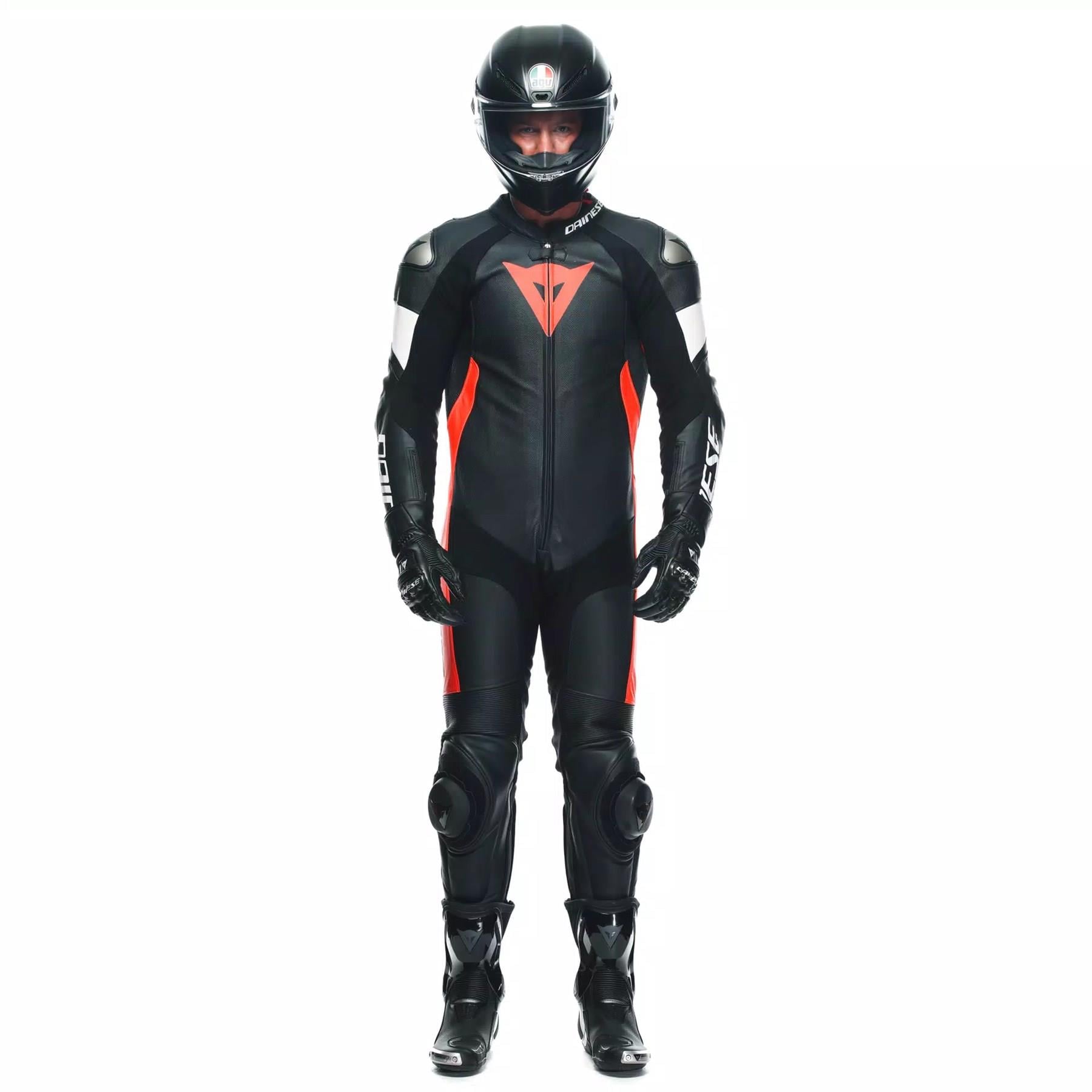 DAINESE/TOSA 1 PCS LEATHER SUIT PERF. BLACK FLU RED WHITE
