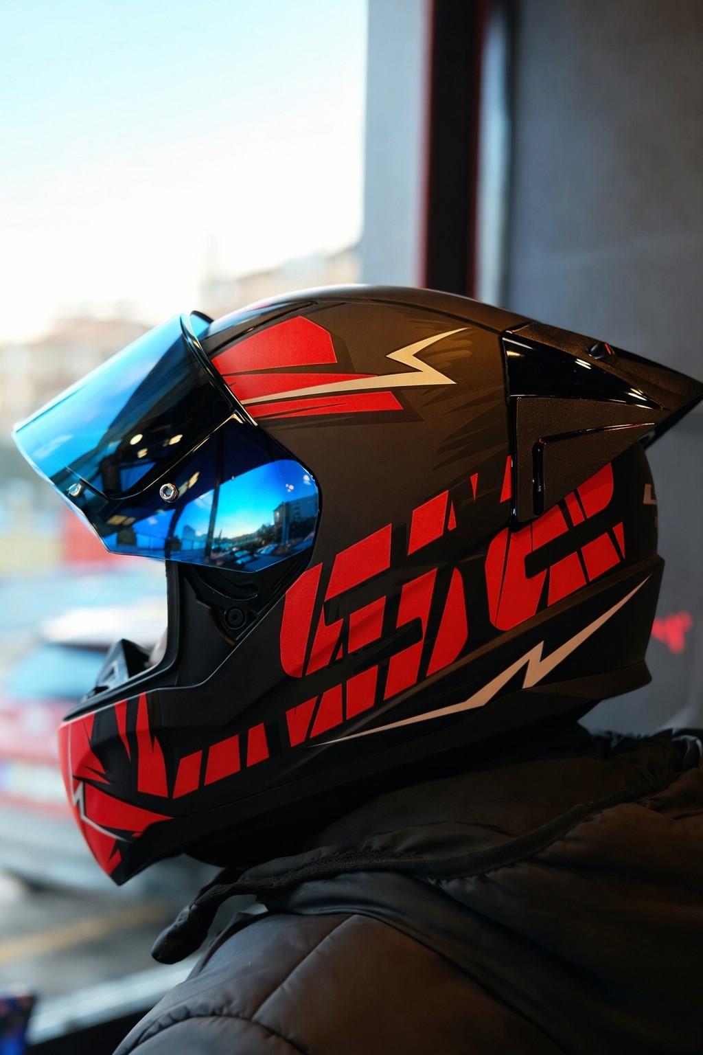 LS2-LS2 RAPID 2 CROMO MAT SİYAH-KIRMIZI KASK-MAVİ VİZÖR-SPOİLER