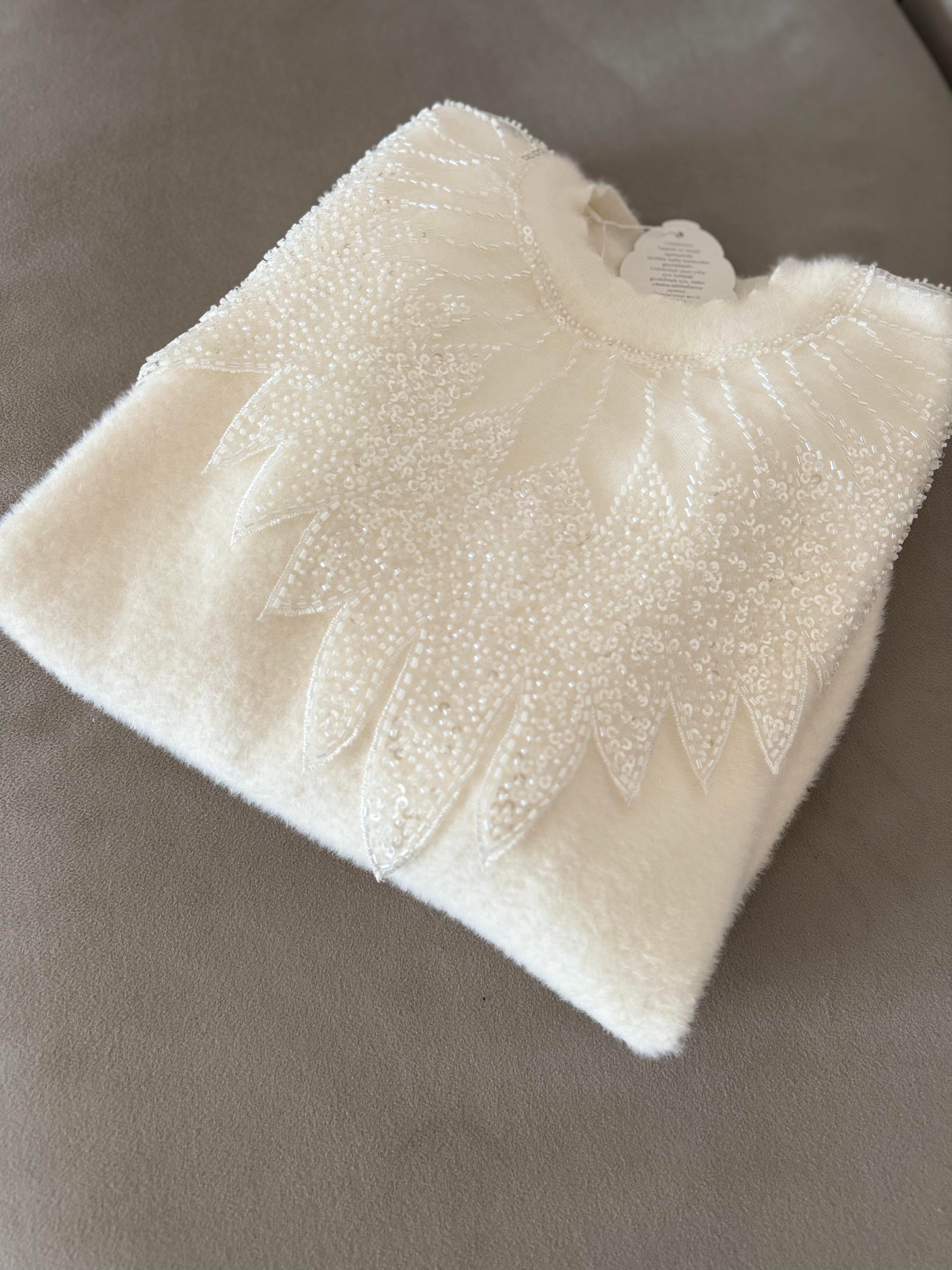 Angora İşlemeli Tasarım Kazak | Ekru