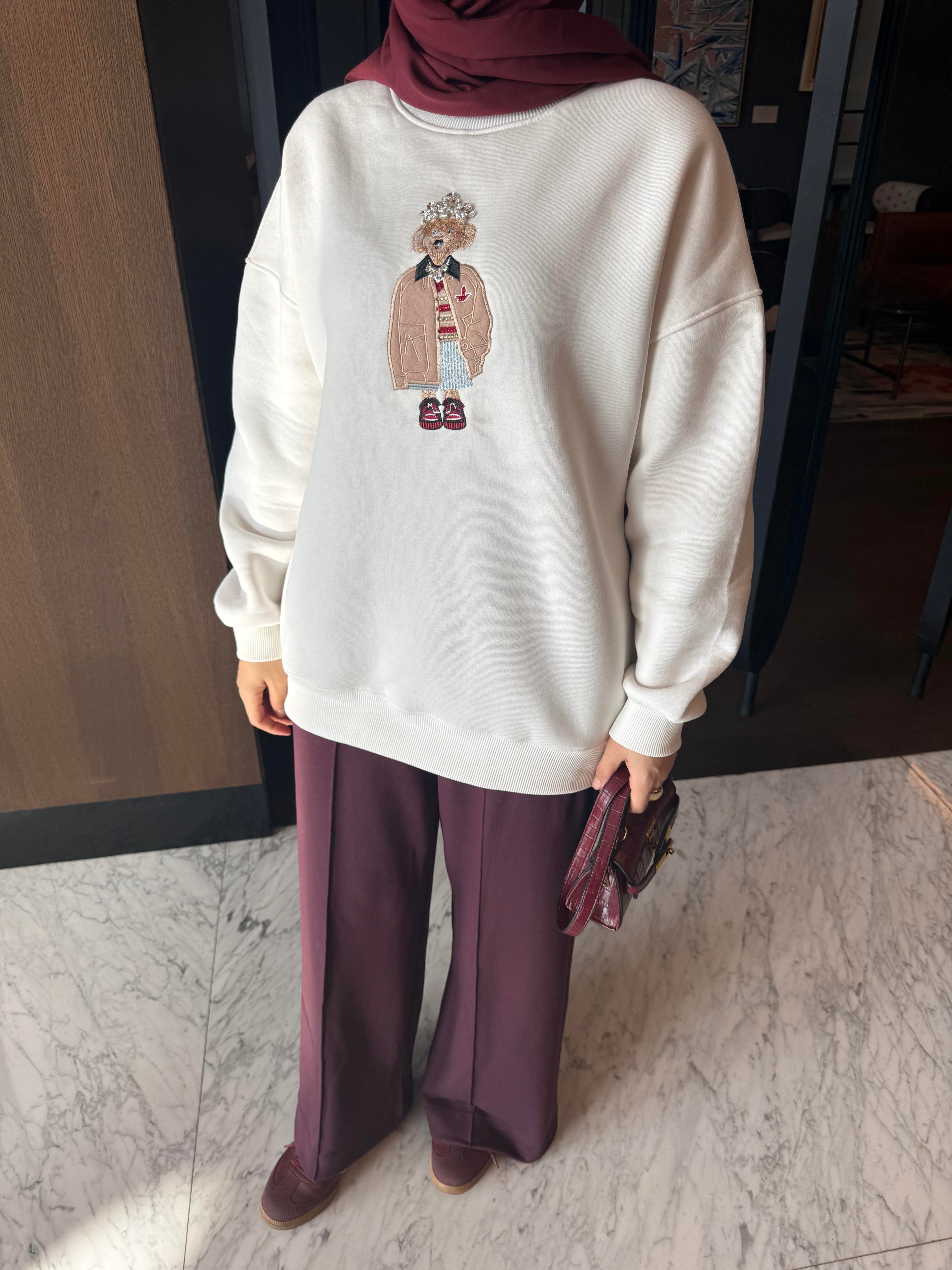 Beymn Taşlı Sweatshirt Beyaz