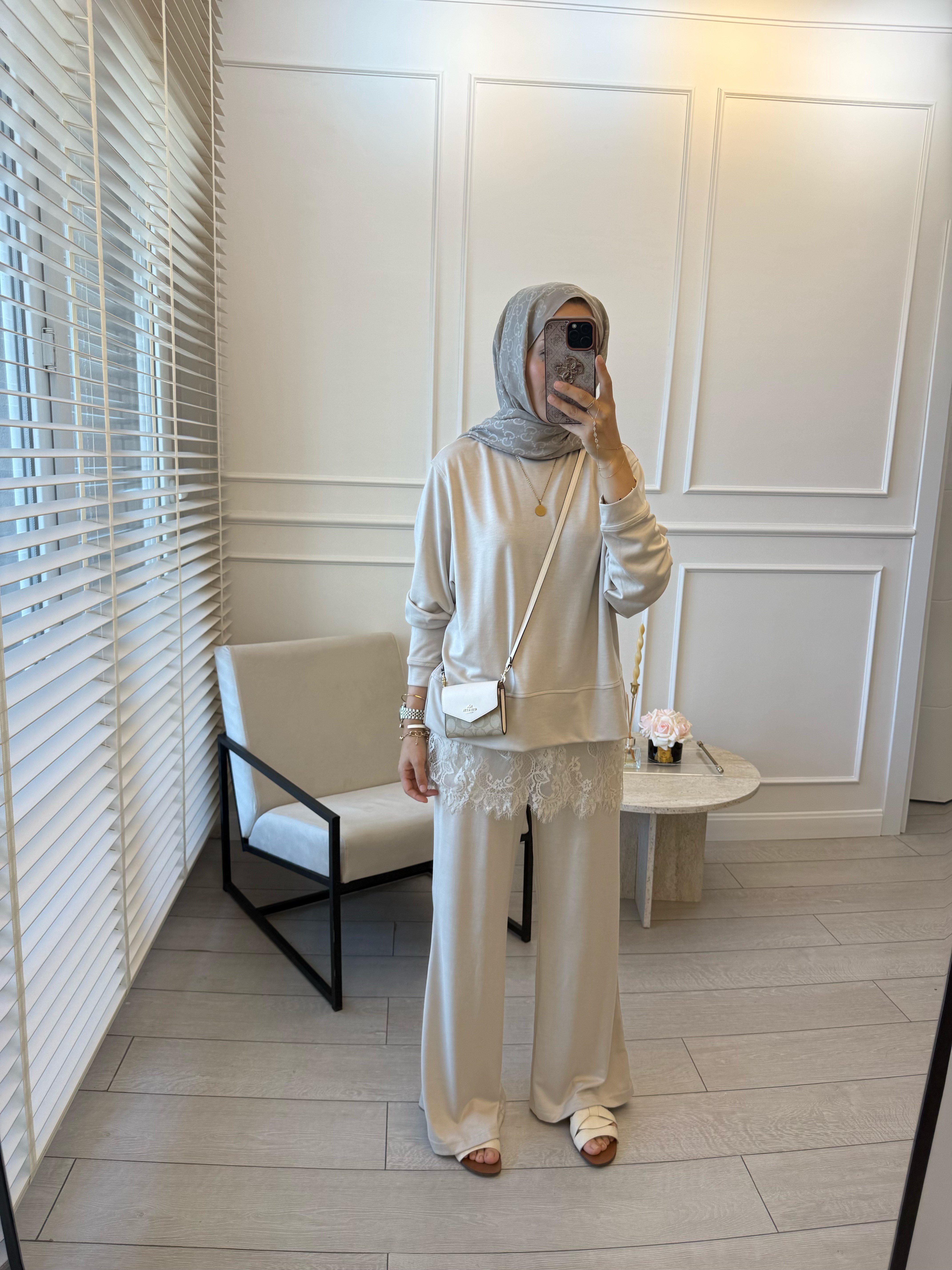 Dantel detaylı oysh takım - Bej