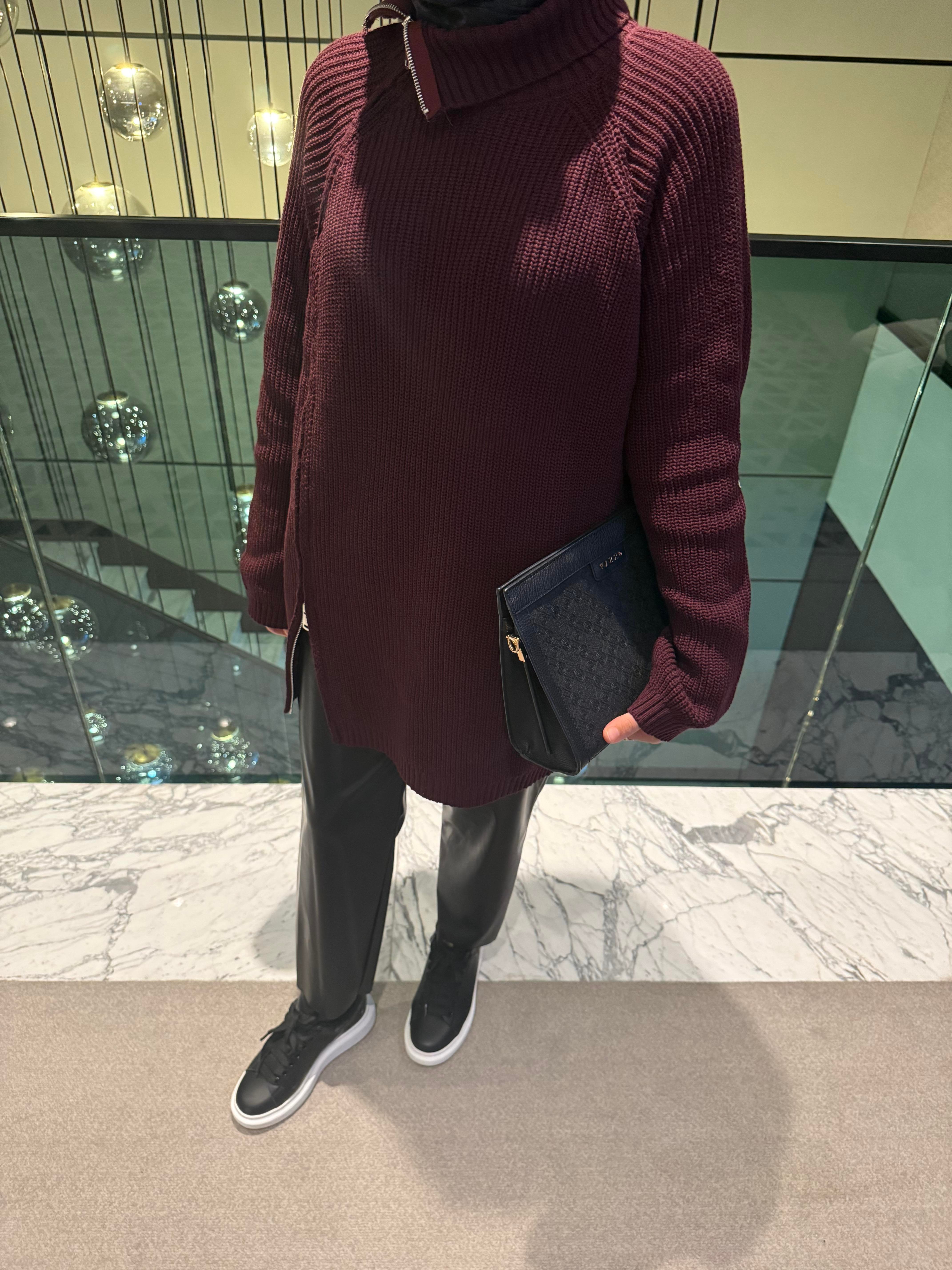 Fermuarlı Triko Kazak | Bordo