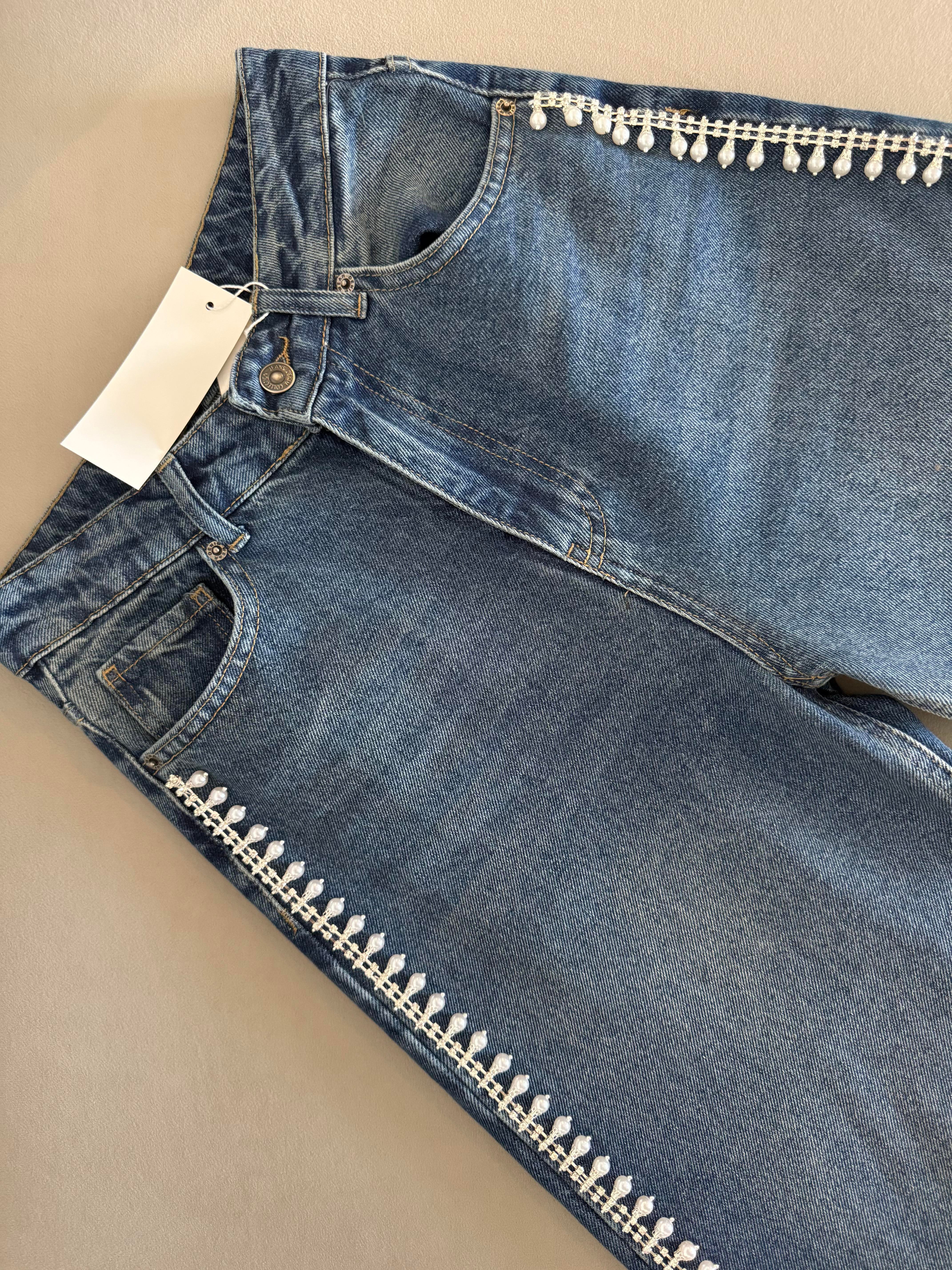 İncili Denim Pantolon | Mavi