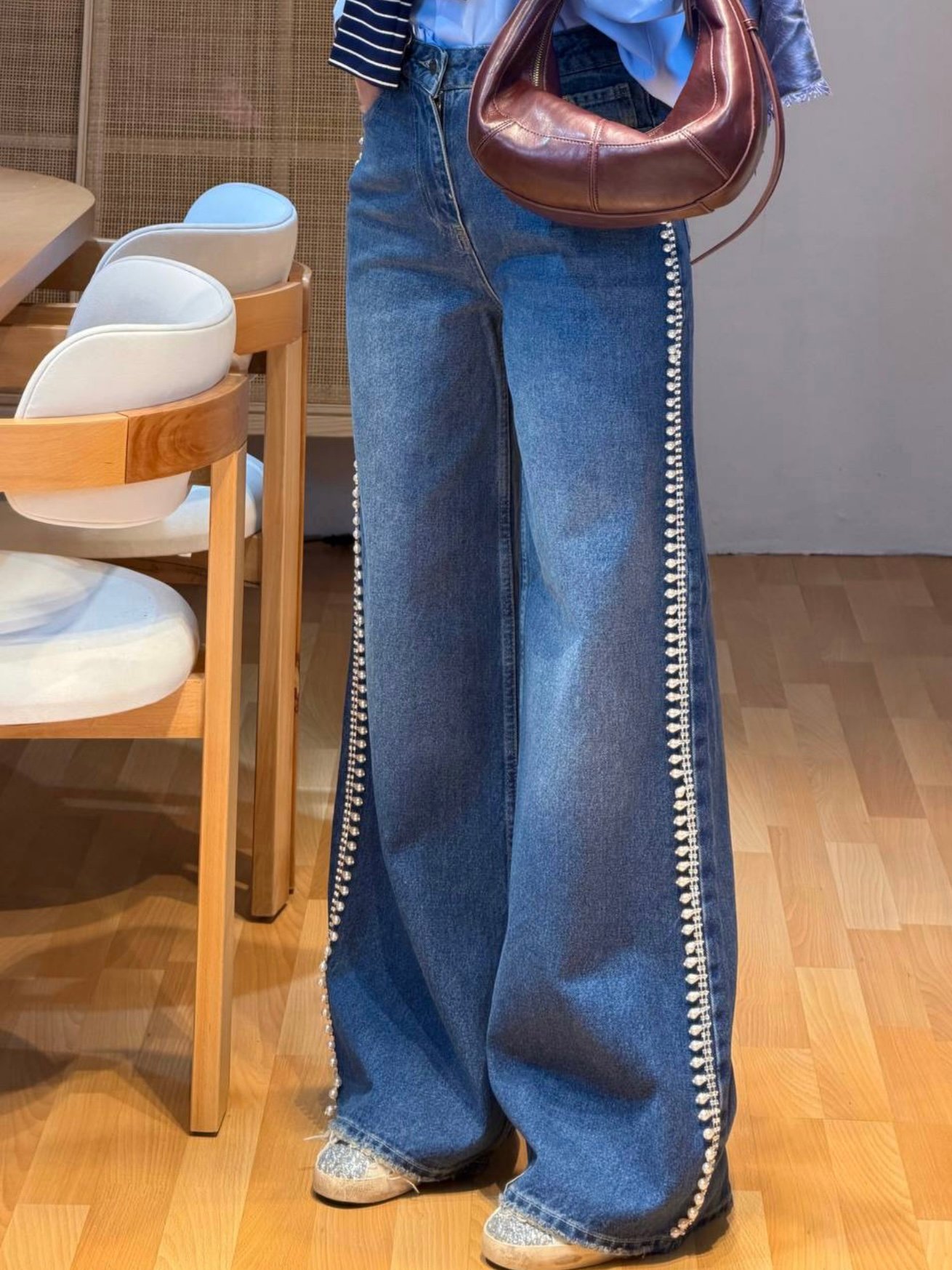 İncili Denim Pantolon | Mavi