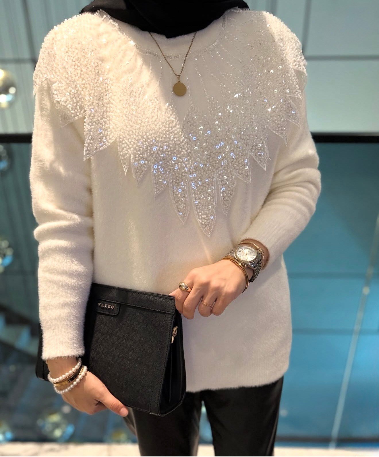 İşlemeli Angora kazak - Ekru