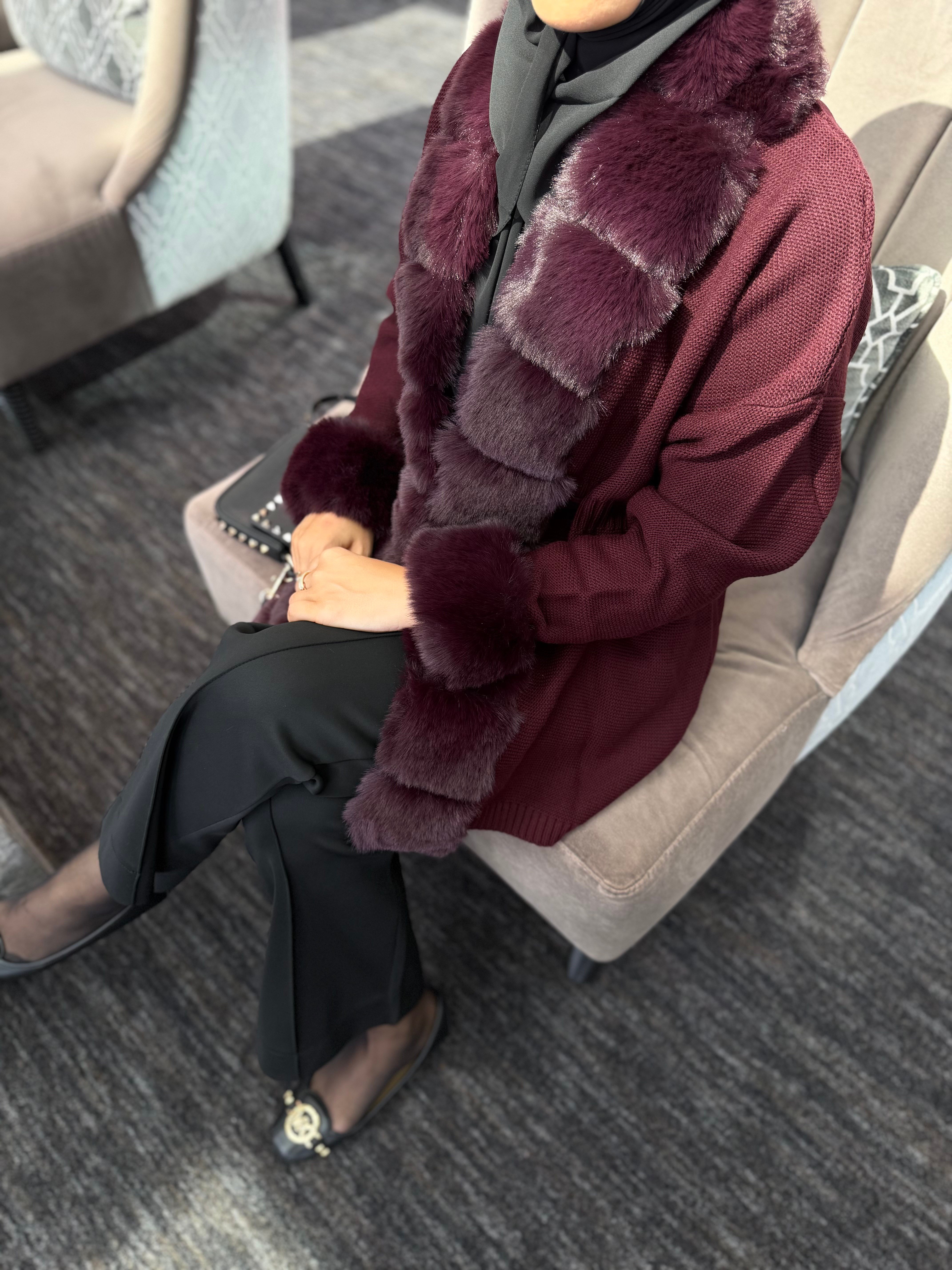 Kürklü triko hırka - Bordo