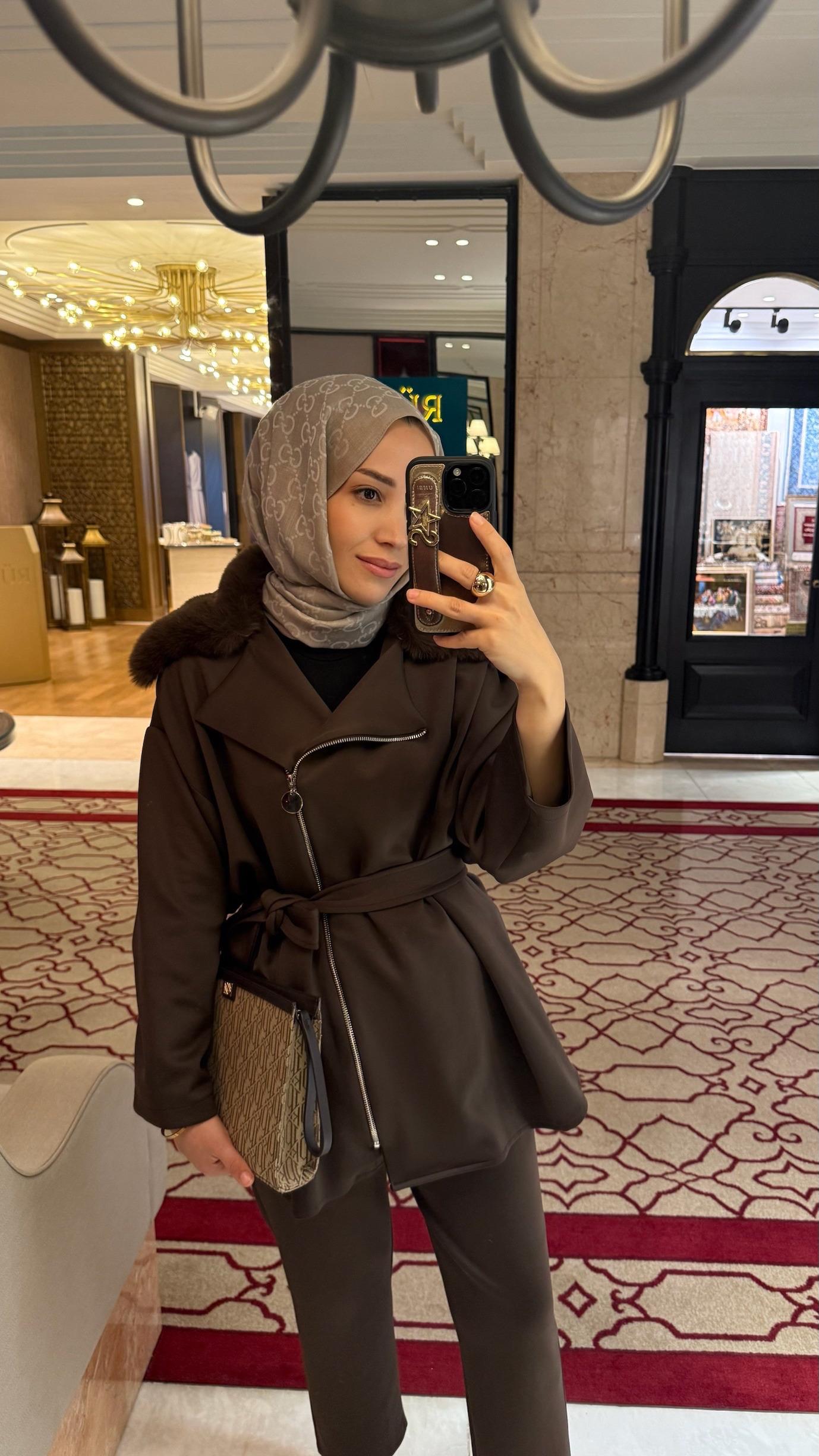 Lali Kürk Yakalı Scuba Takım | Kahverengi