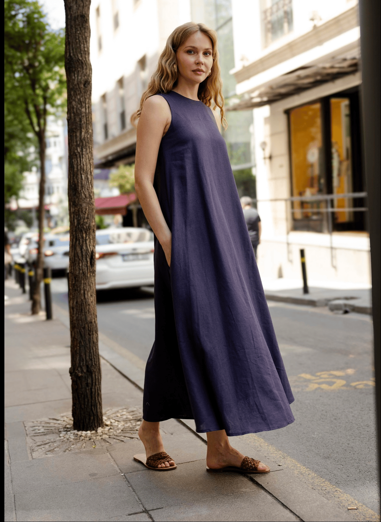 Linen Keten Elbise Lacivert