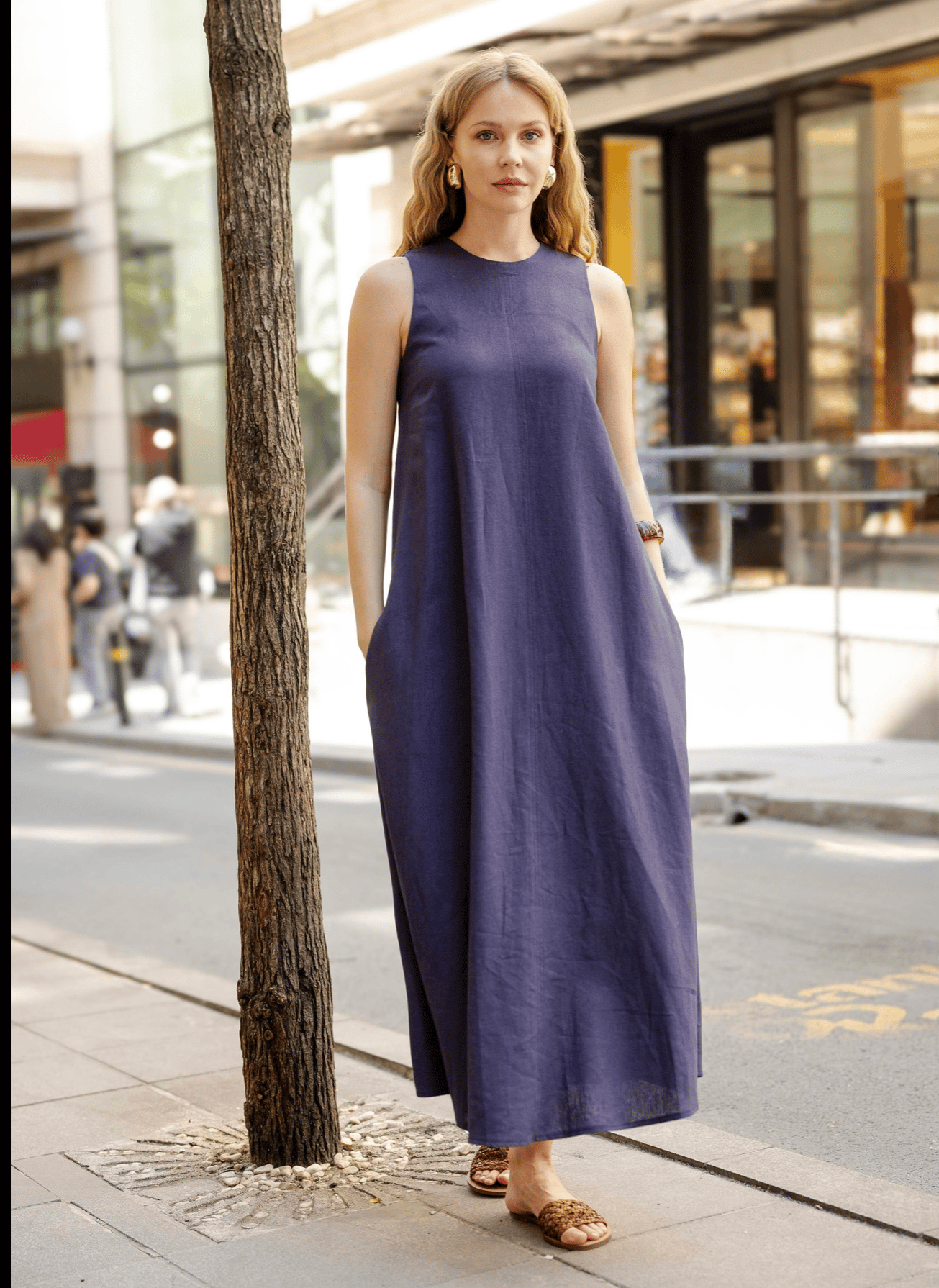 Linen Keten Elbise Lacivert
