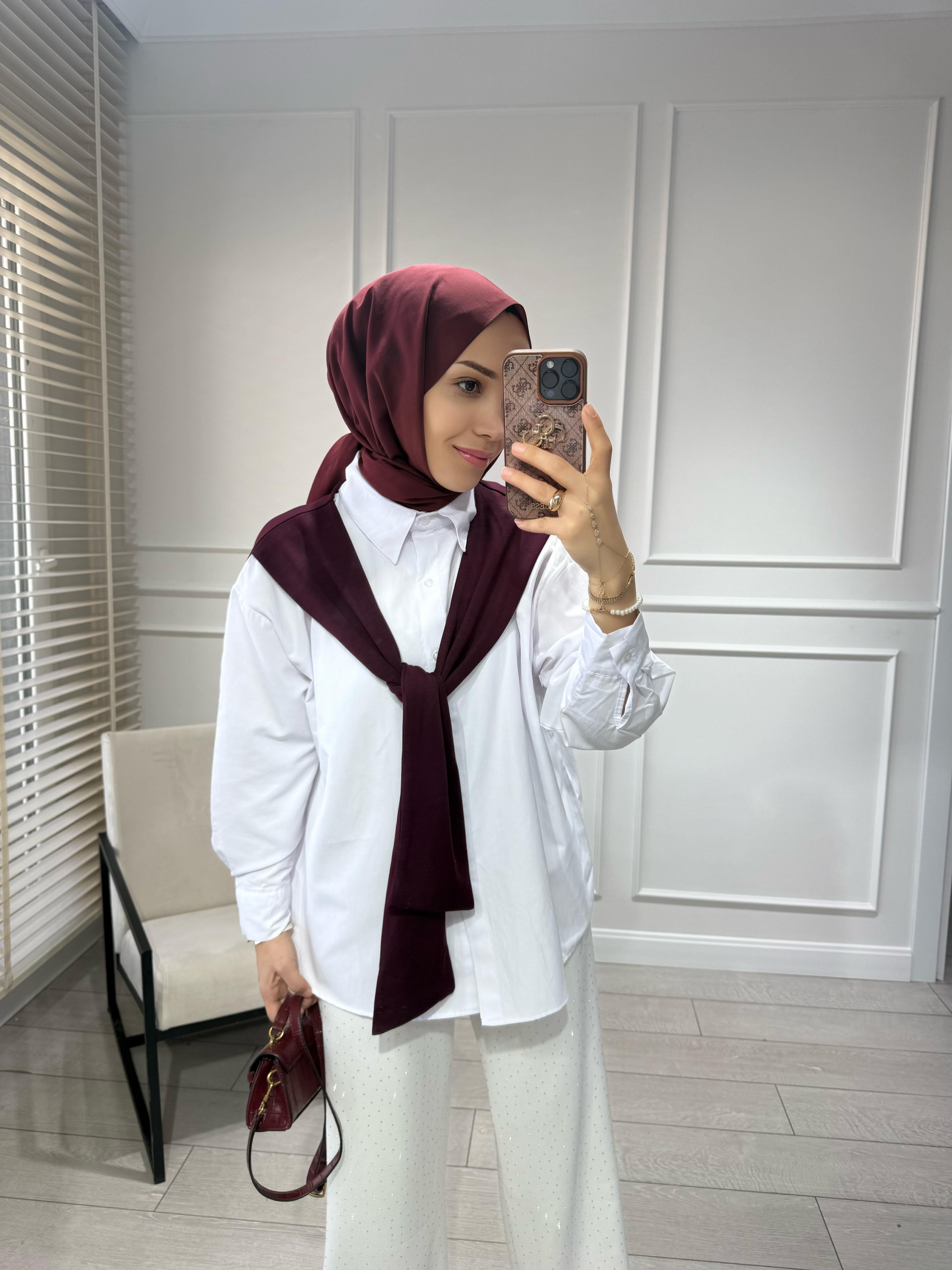 Şal detaylı gömlek-Bordo