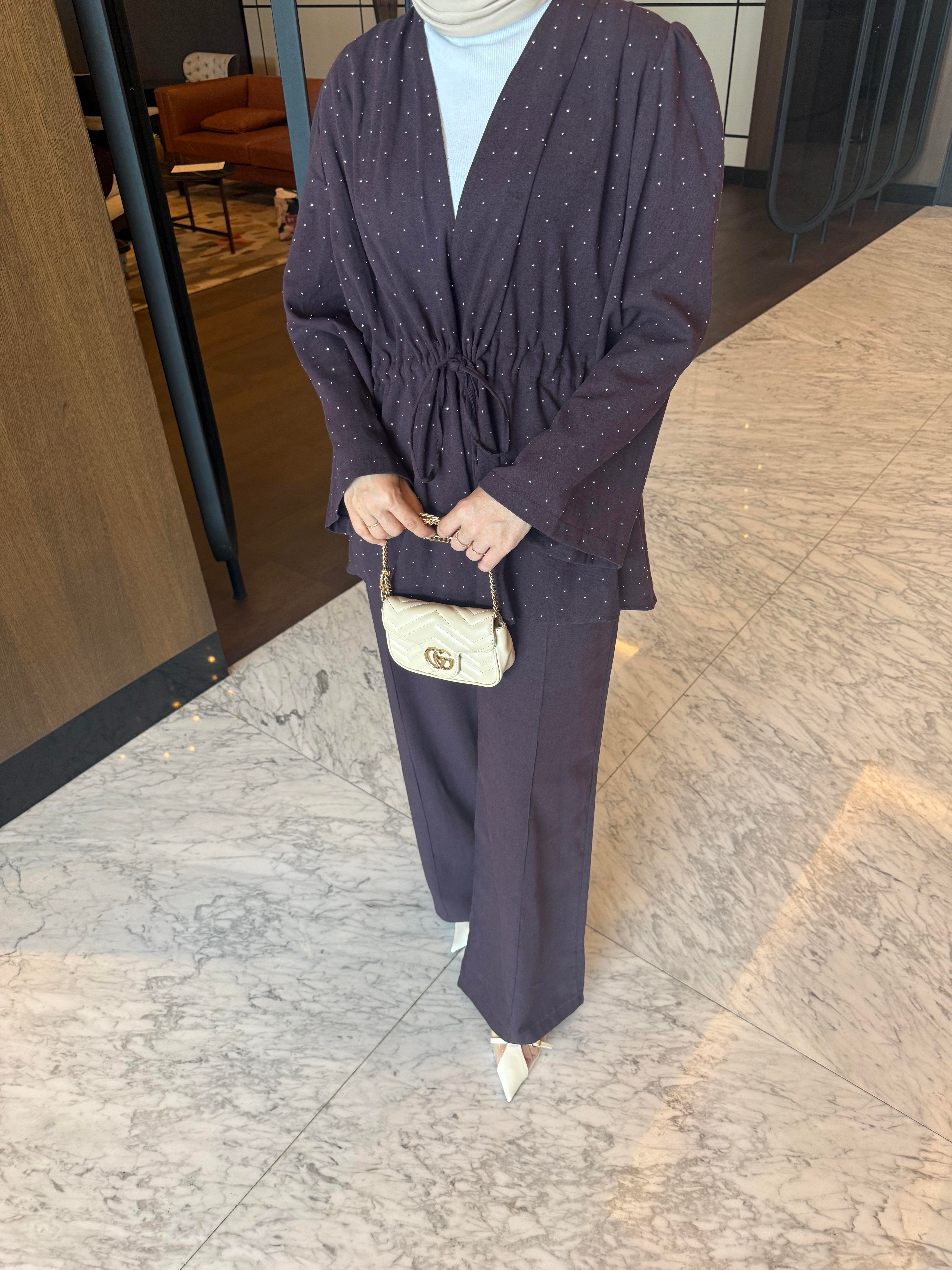 Taşlı Keten Kimono Takım  Mürdüm