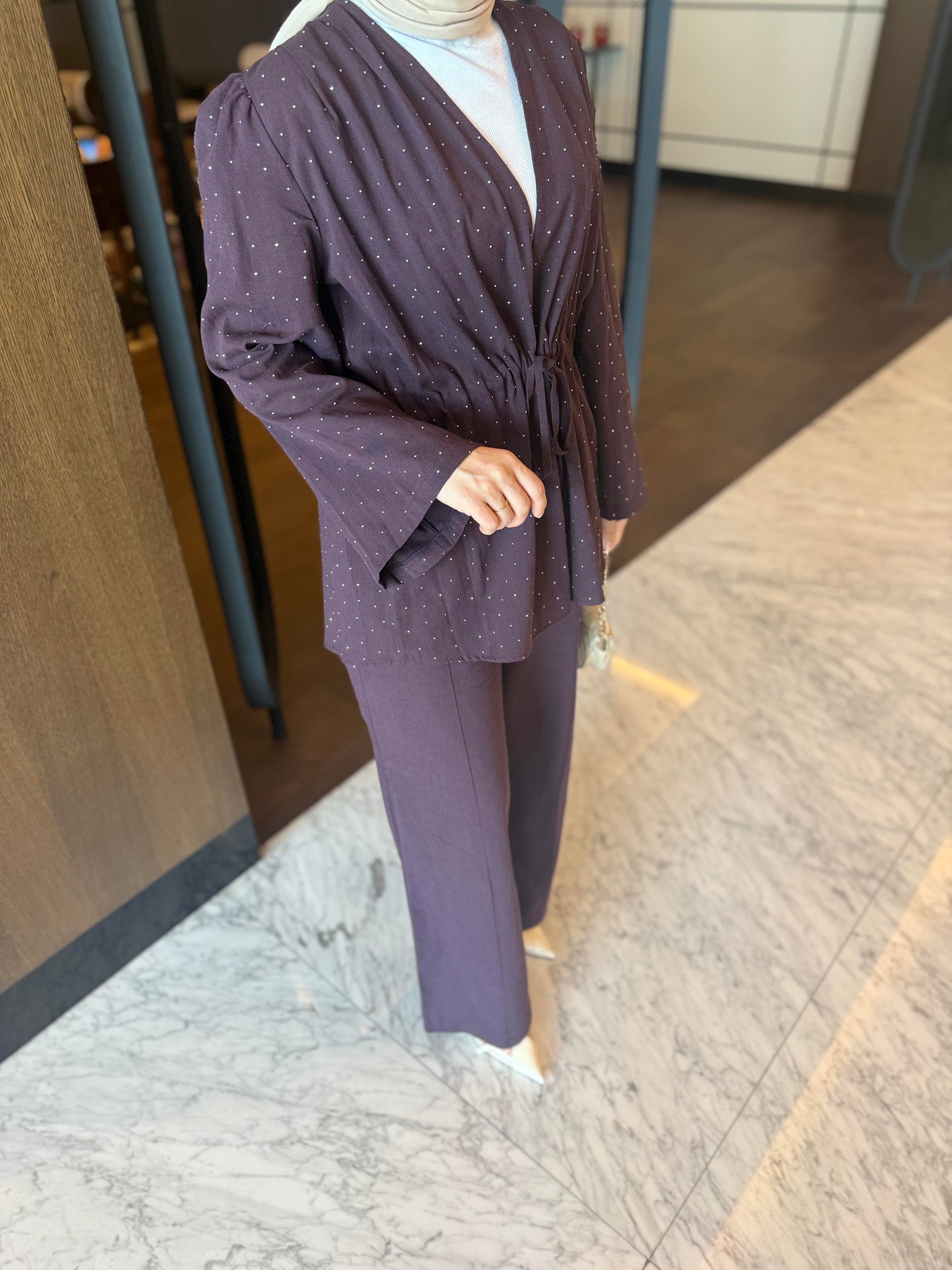 Taşlı Keten Kimono Takım  Mürdüm