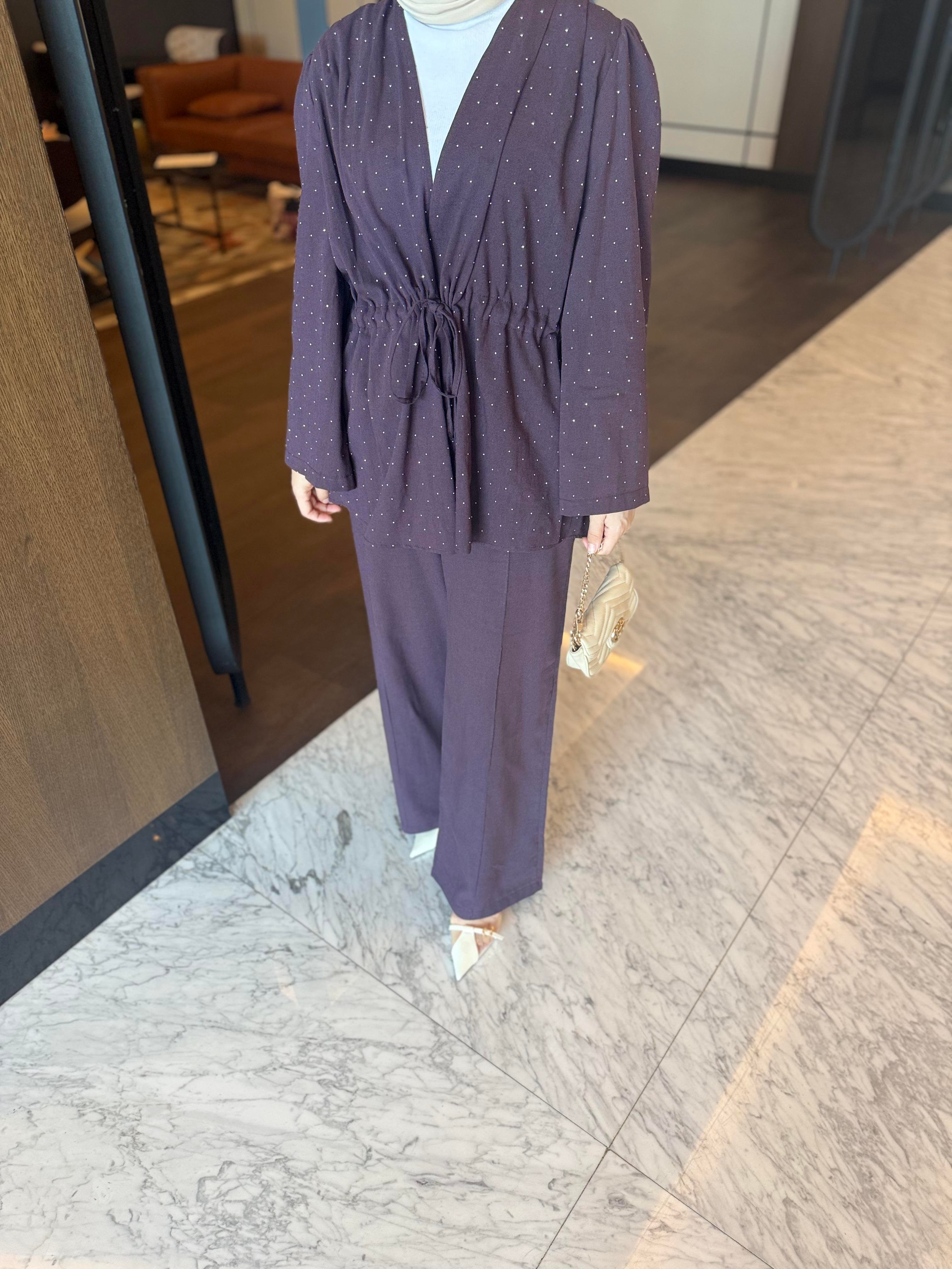 Taşlı Keten Kimono Takım  Mürdüm