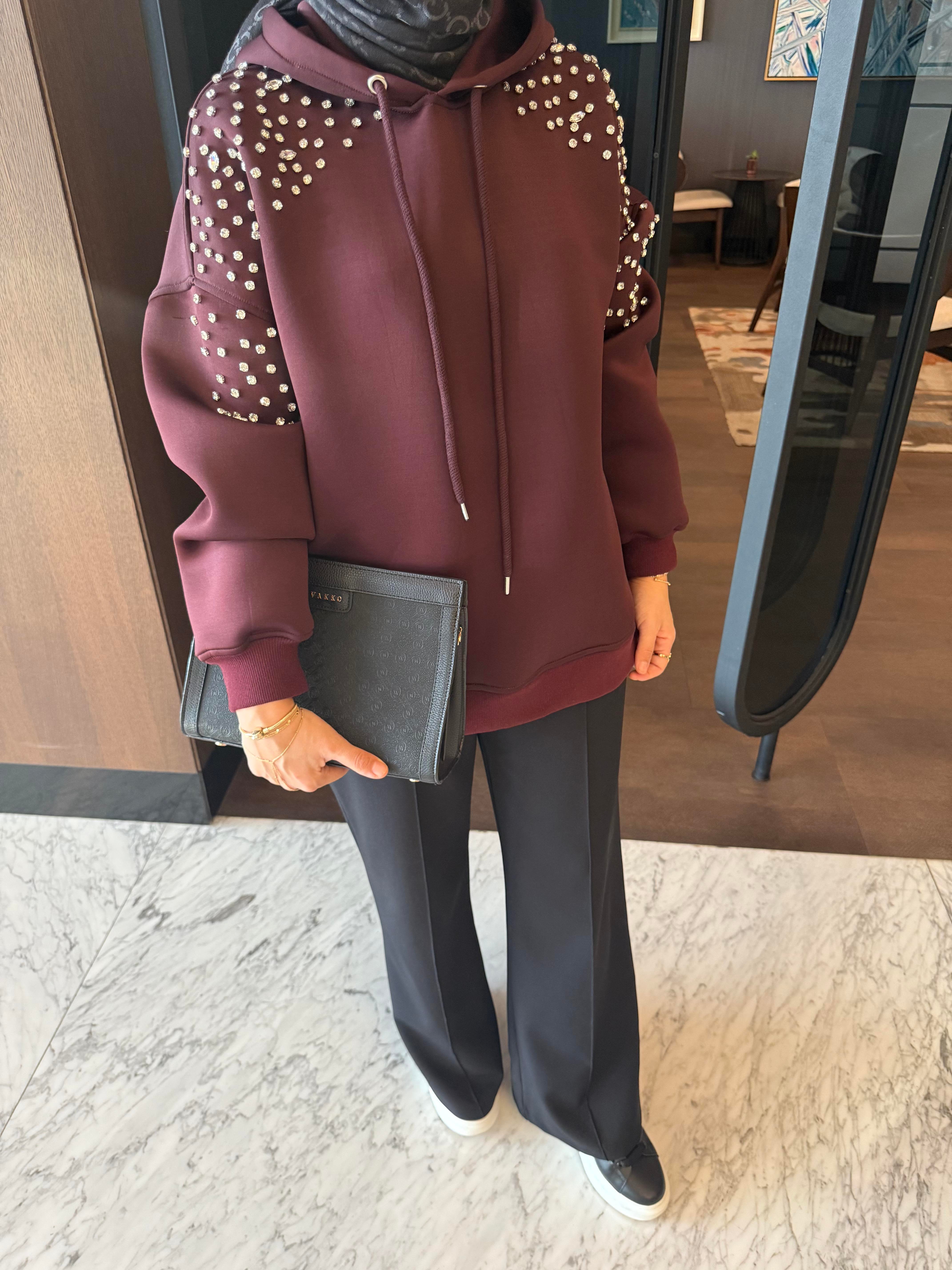 Taşlı Sweatshirt | Bordo