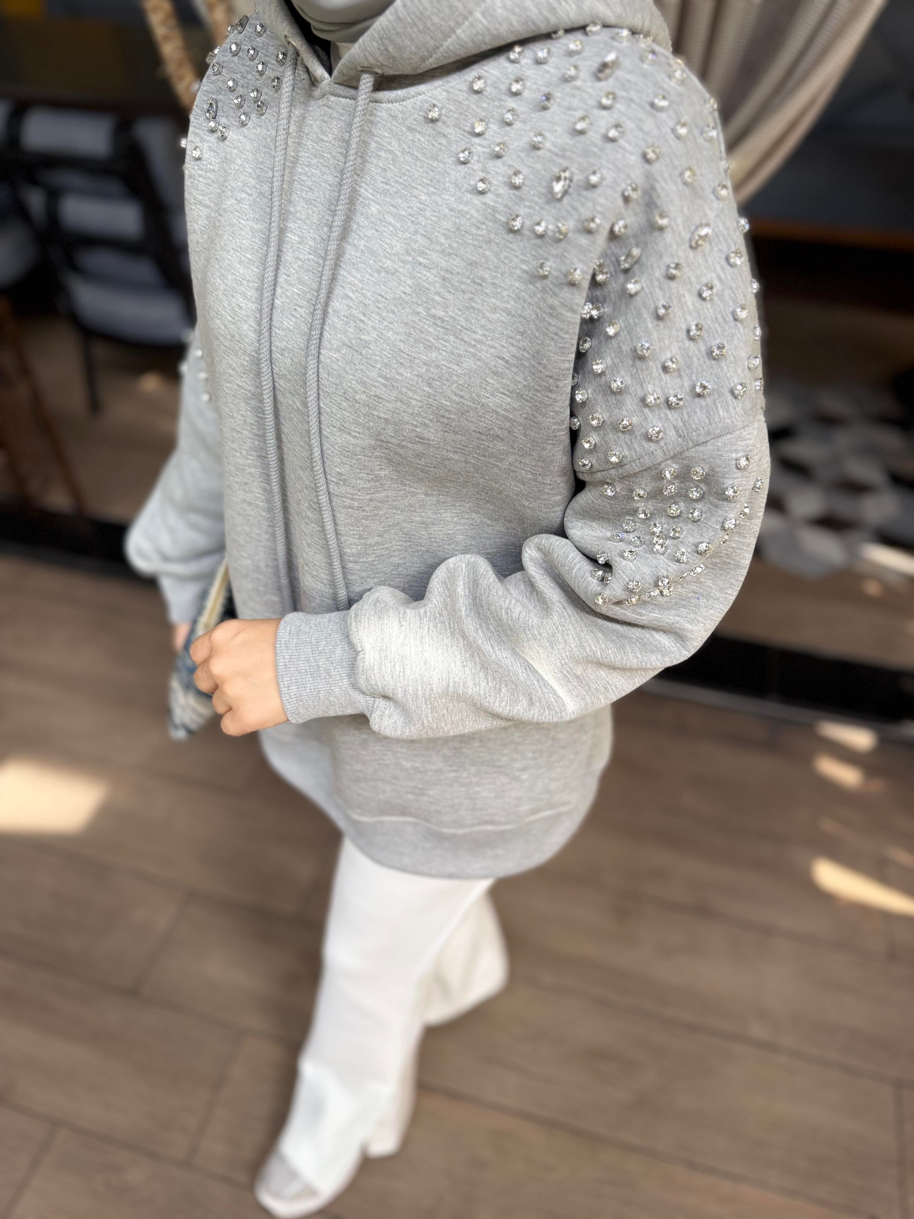 Taşlı Sweatshirt | Gri