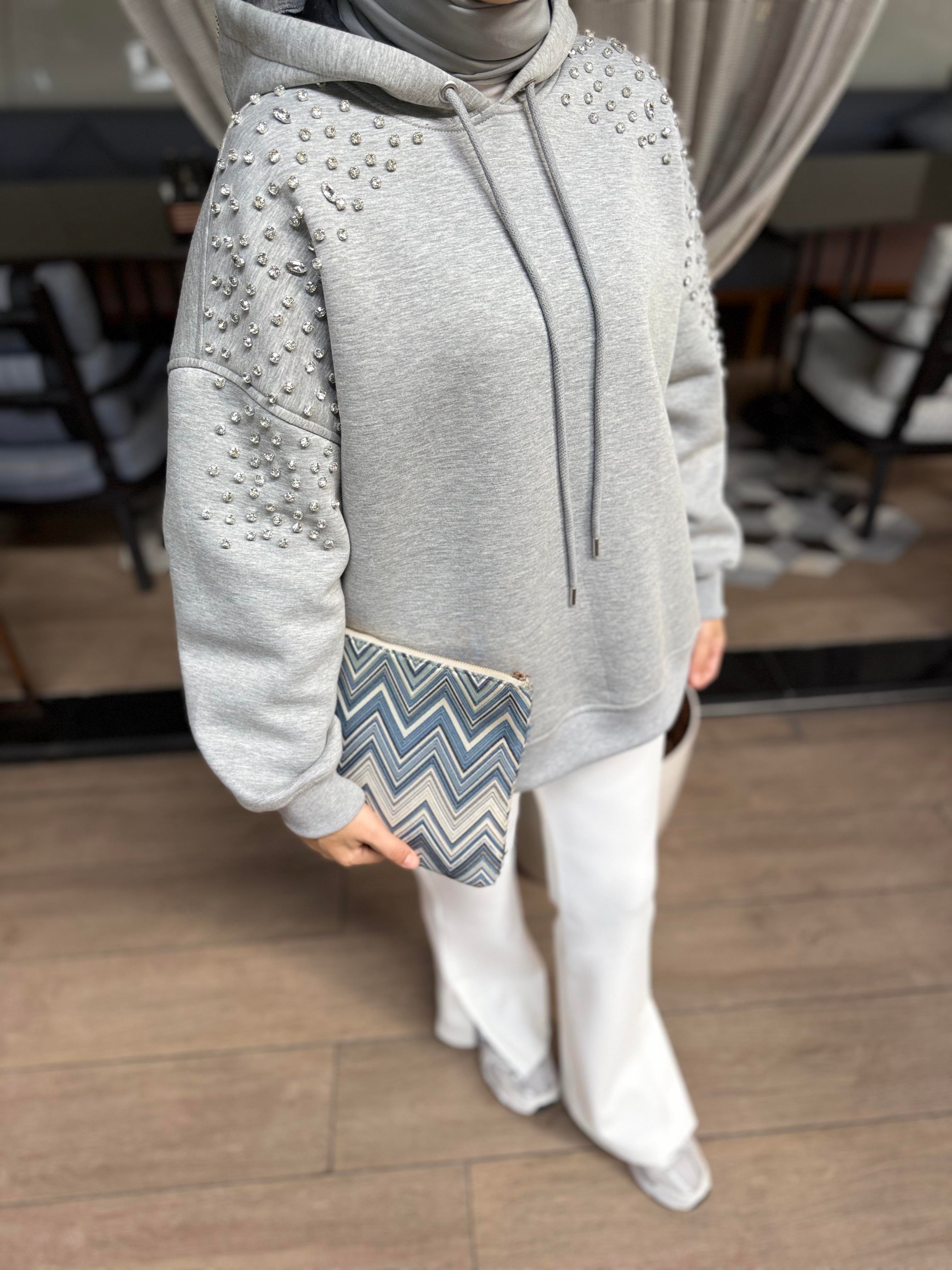 Taşlı Sweatshirt | Gri