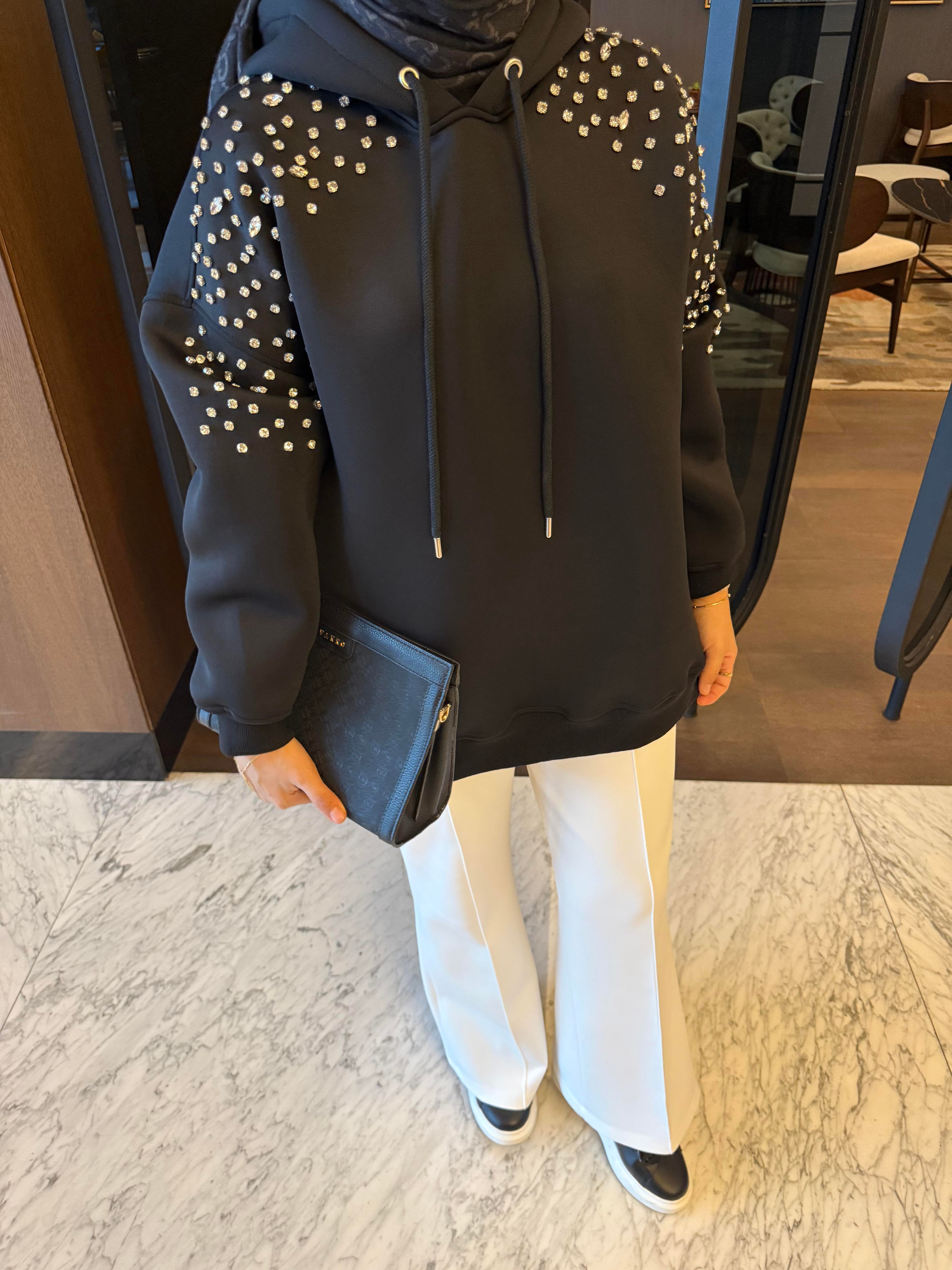 Taşlı Sweatshirt | Siyah